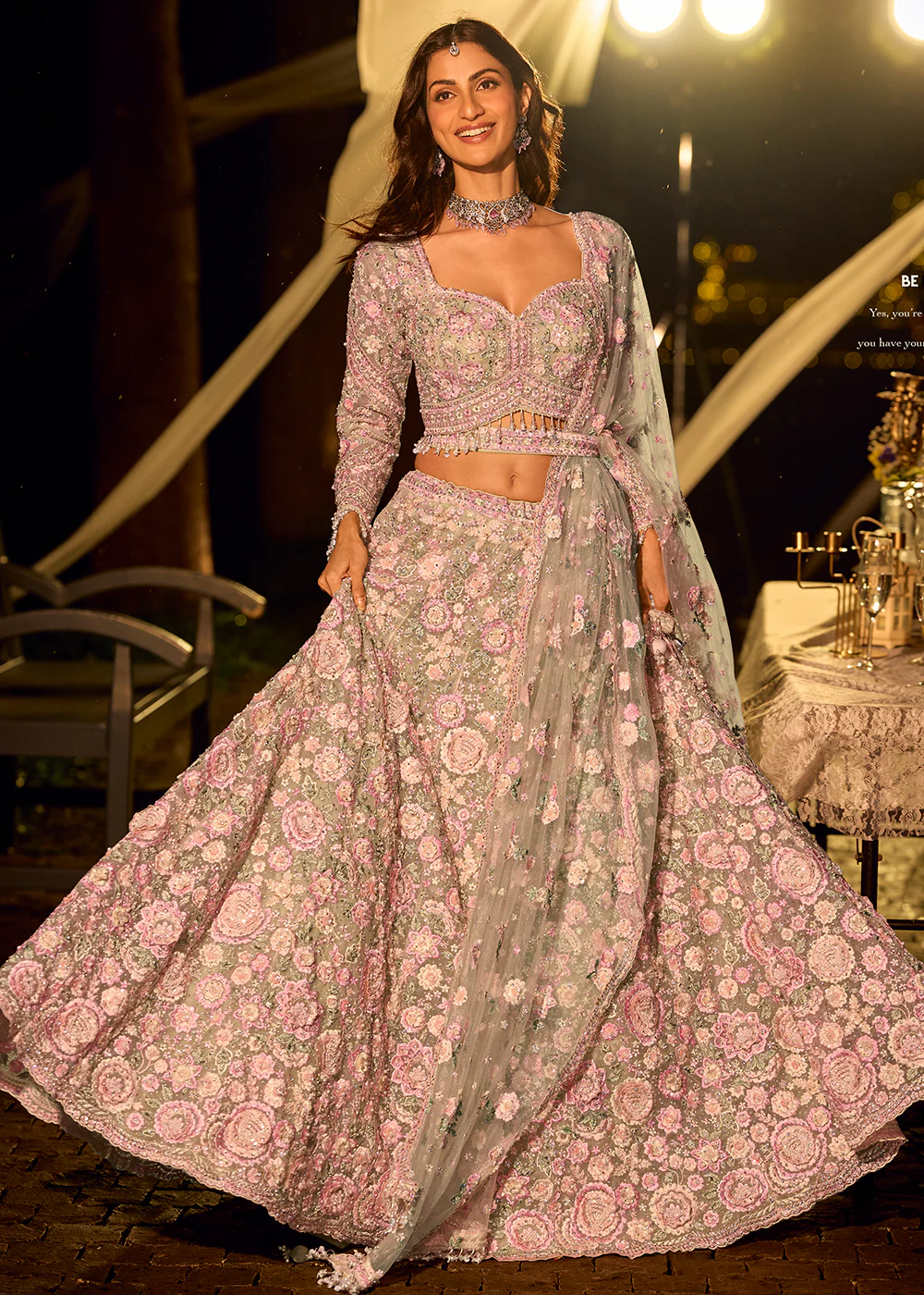Pastel Mint & Pink Net Reception Wear Lehenga Choli