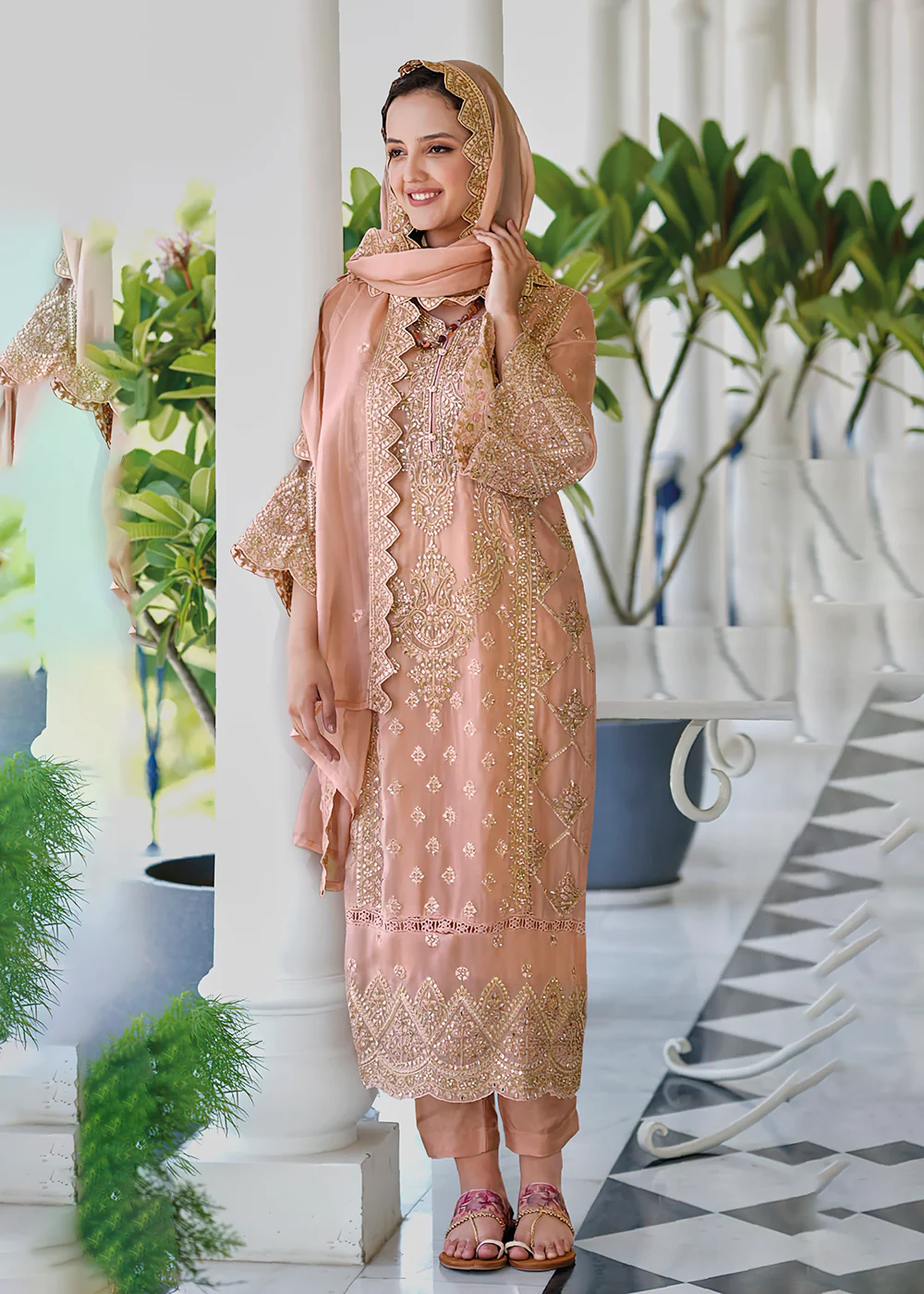 Pastel Peach Soft Organza Embroidered Pant Style Salwar Suit - Image 3