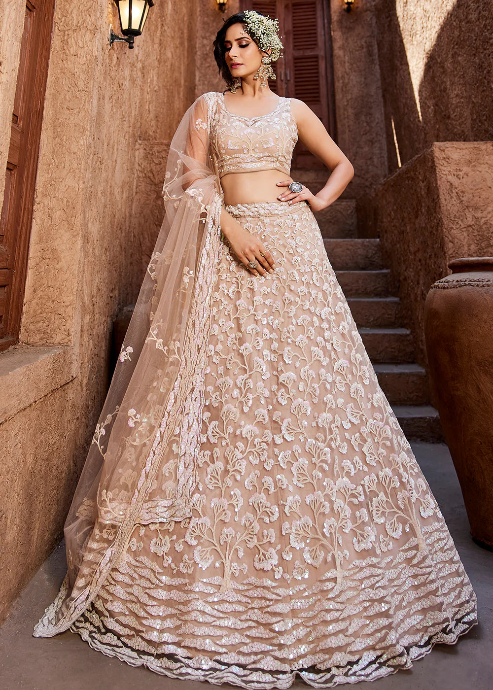 Pastel Pink Embroidered Net Wedding Wear Lehenga Choli