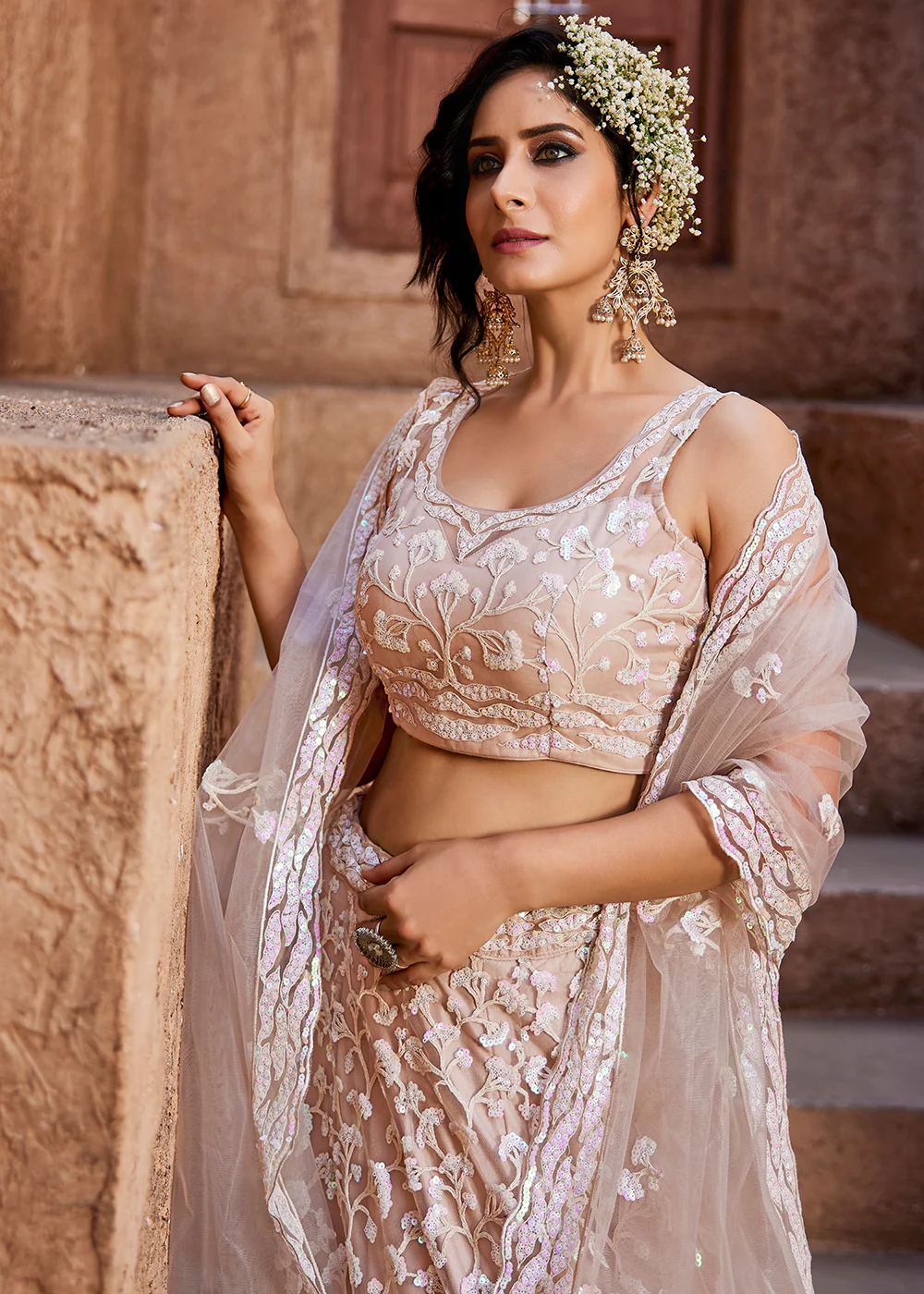 Pastel Pink Embroidered Net Wedding Wear Lehenga Choli - Image 2