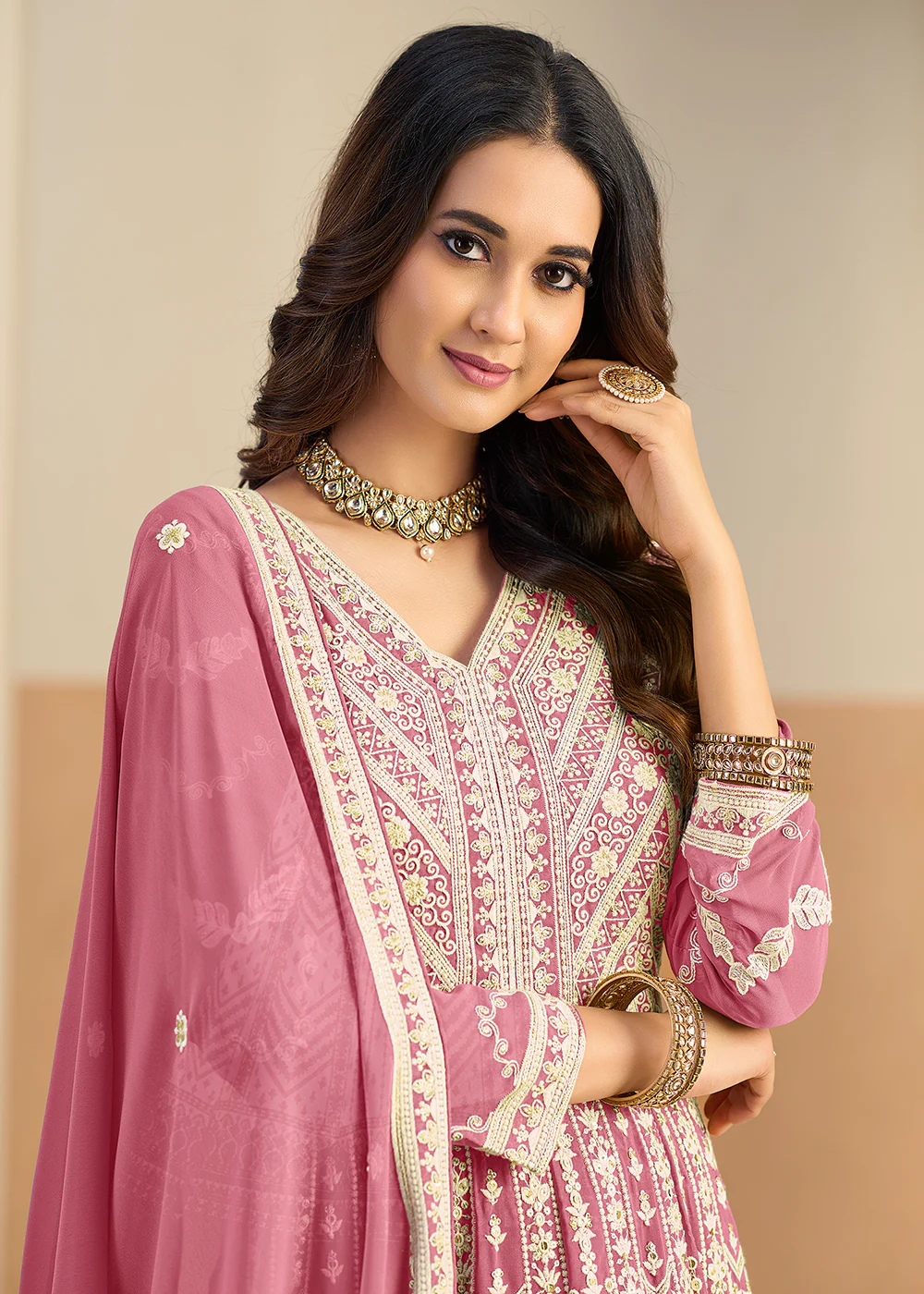 Pastel Pink Lucknowi Embroidered Georgette Anarkali Suit - Image 2