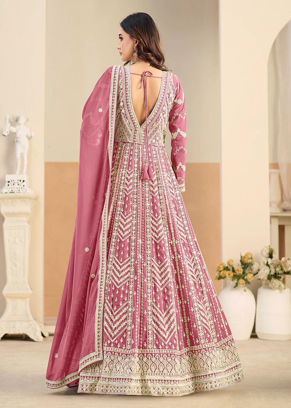 Pastel Pink Lucknowi Embroidered Georgette Anarkali Suit - Image 3