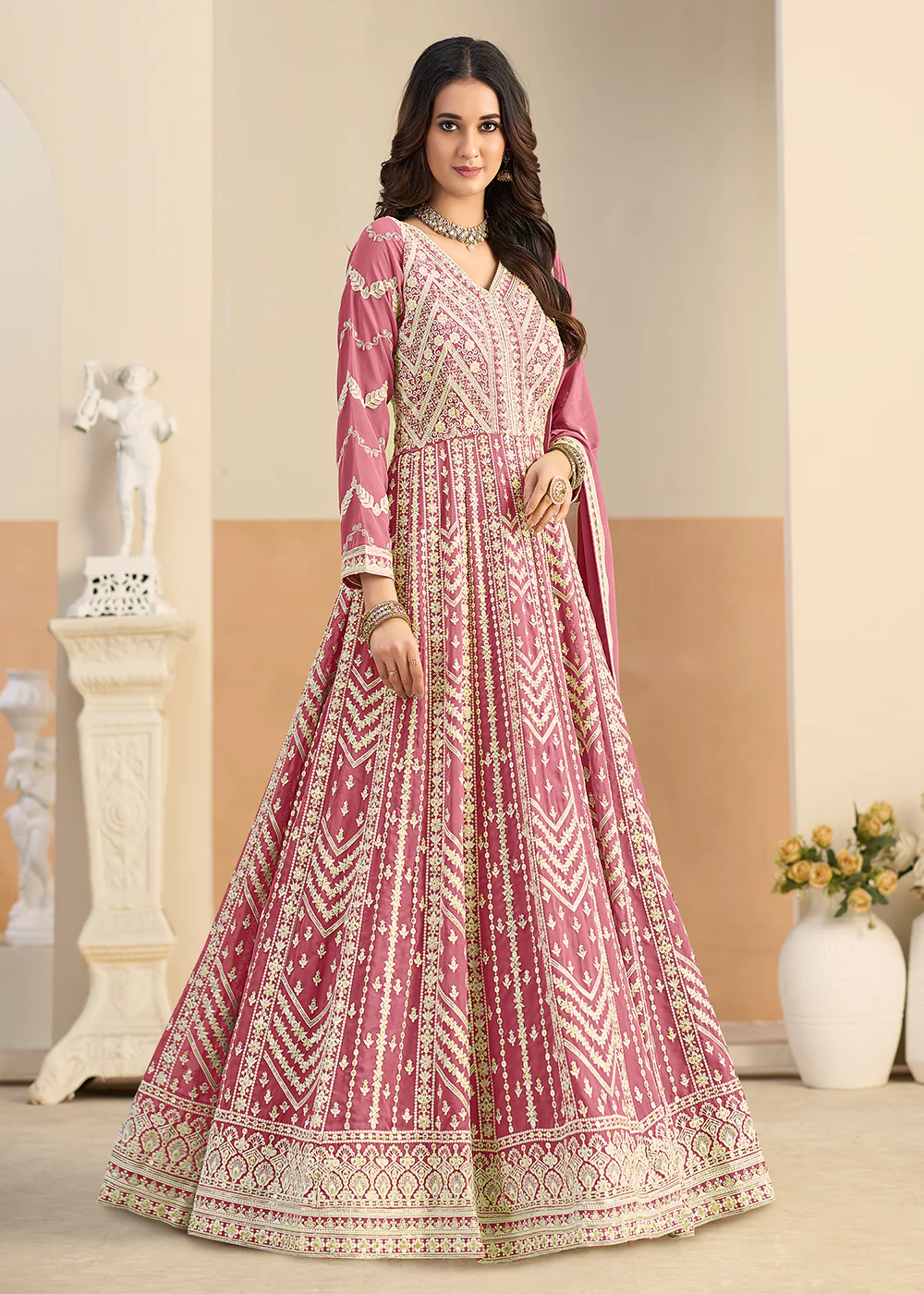 Pastel Pink Lucknowi Embroidered Georgette Anarkali Suit - Image 4
