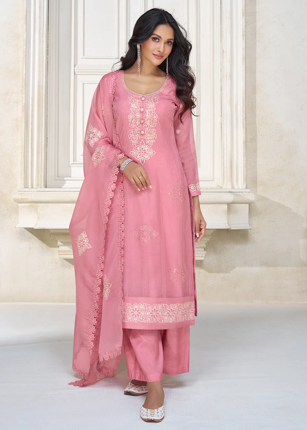 Pastel Pink Organza Silk Designer Salwar Suit - Image 3