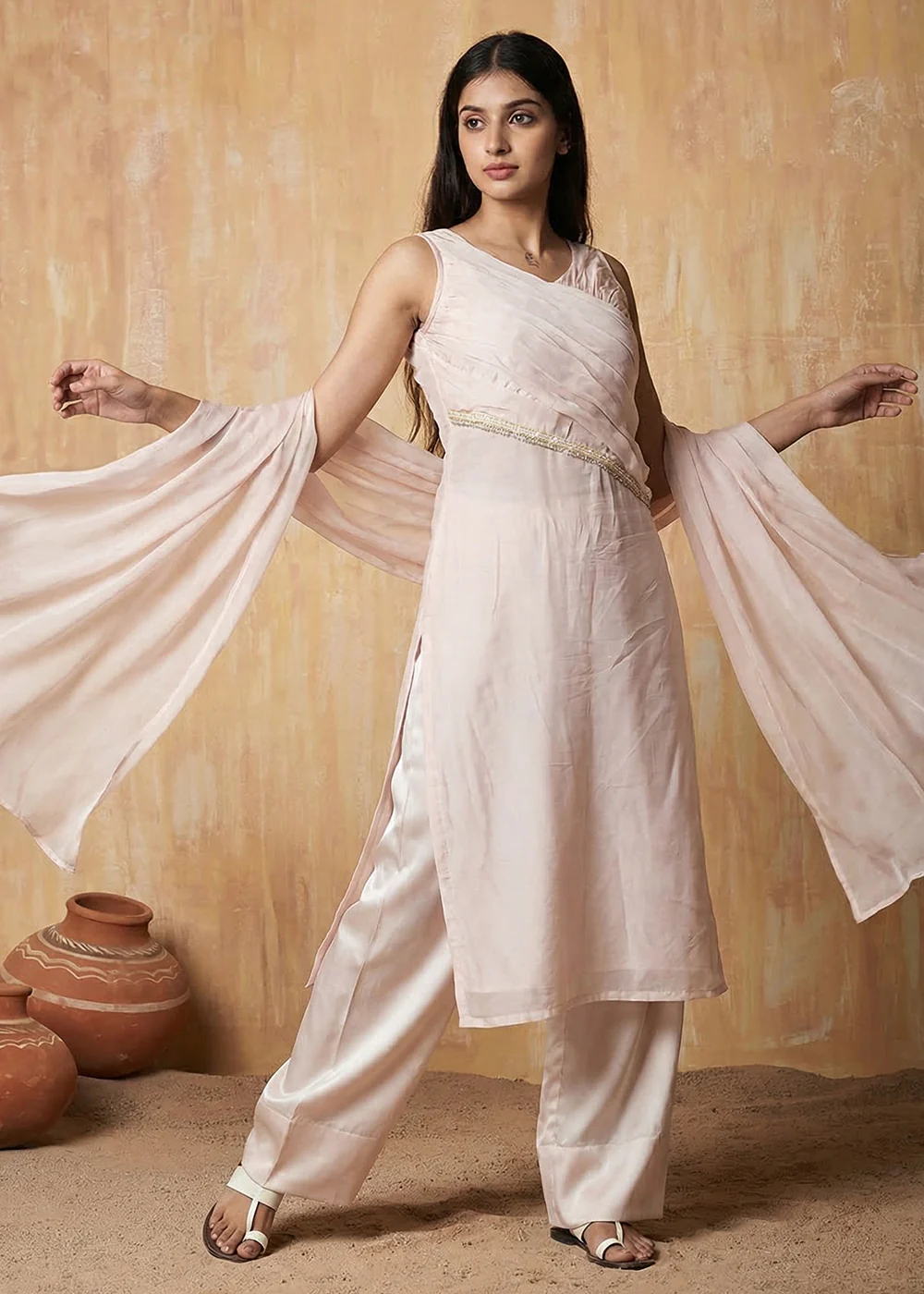 Pastel Pink Silk Designer Indo Western Style Dress - Image 3