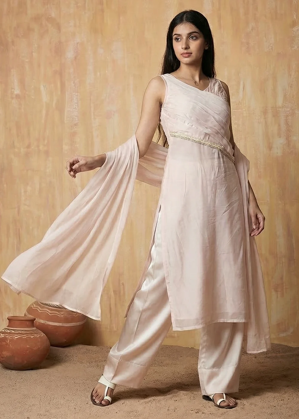 Pastel Pink Silk Designer Indo Western Style Dress - Image 4