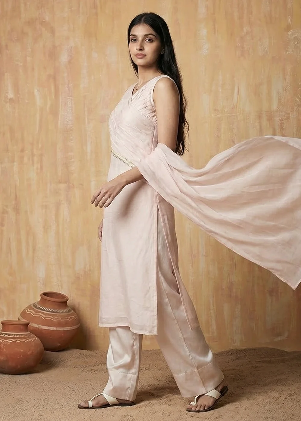 Pastel Pink Silk Designer Indo Western Style Dress - Image 5