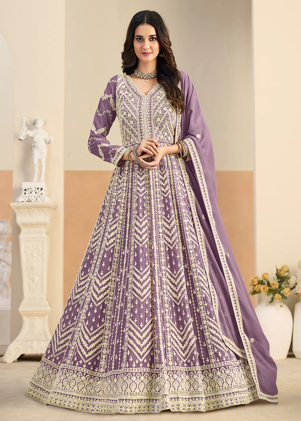 Pastel Purple Lucknowi Embroidered Georgette Anarkali Suit
