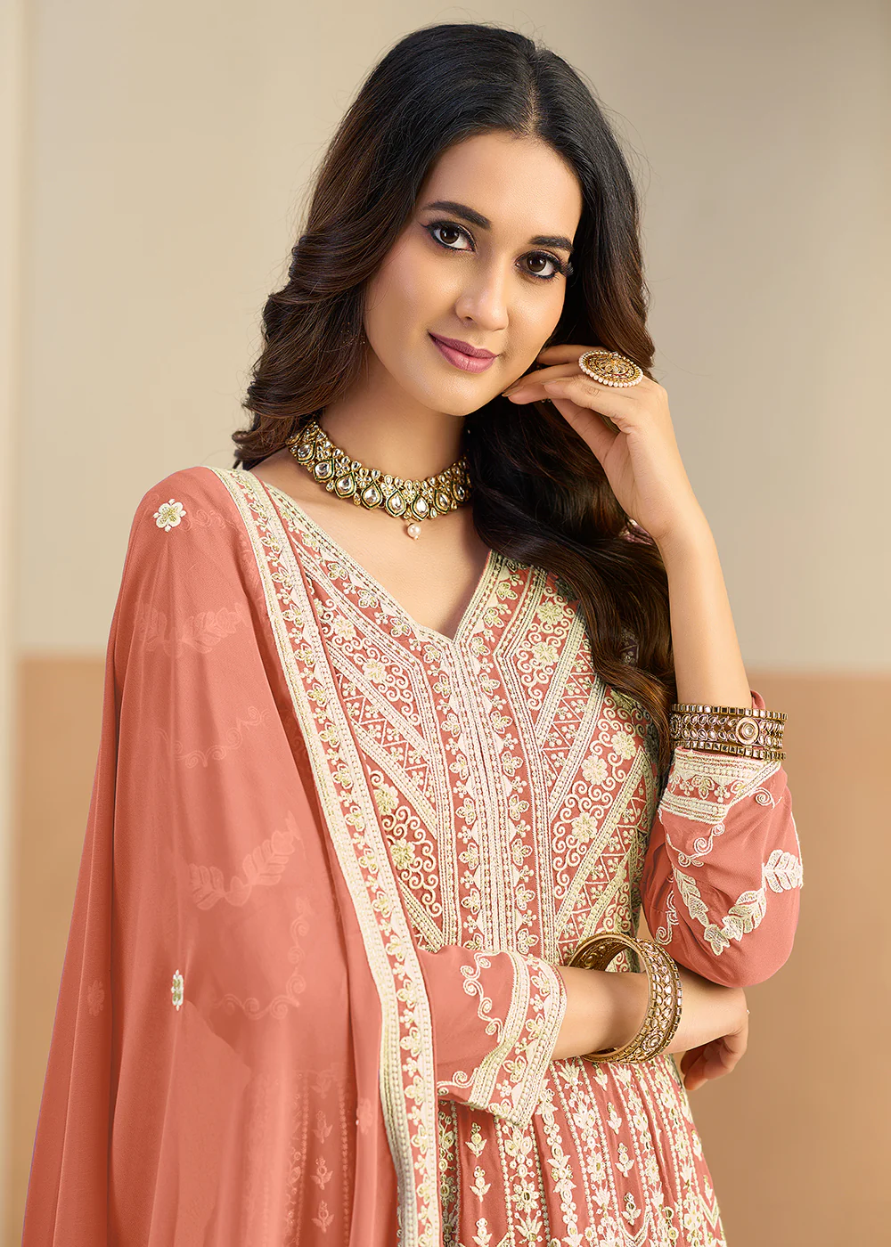 Pastel Rust Lucknowi Embroidered Georgette Anarkali Suit - Image 2