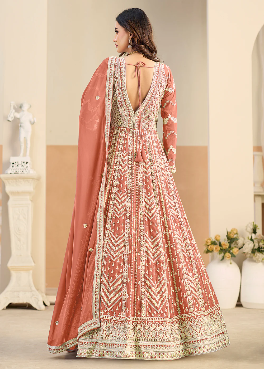 Pastel Rust Lucknowi Embroidered Georgette Anarkali Suit - Image 3