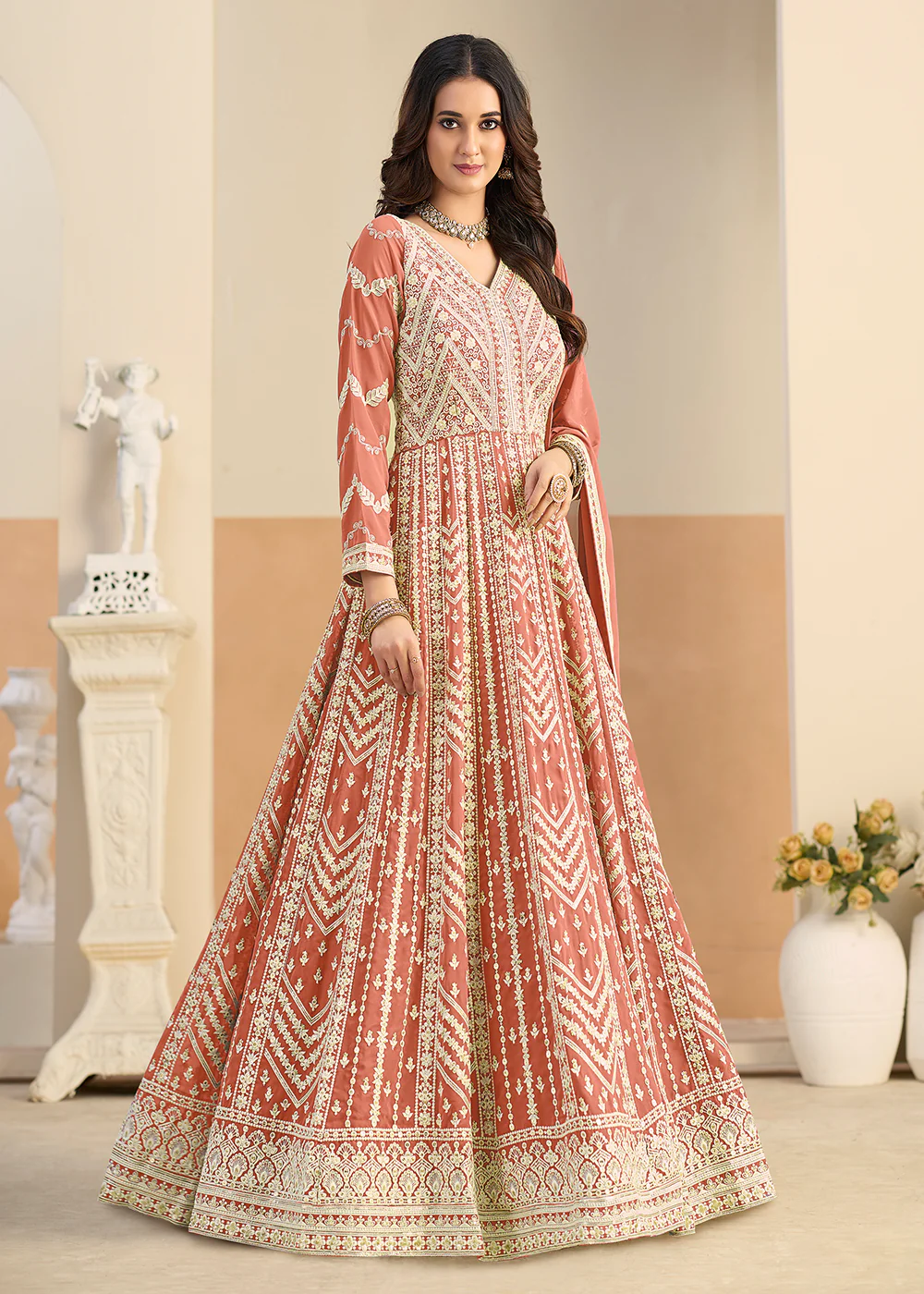 Pastel Rust Lucknowi Embroidered Georgette Anarkali Suit - Image 4
