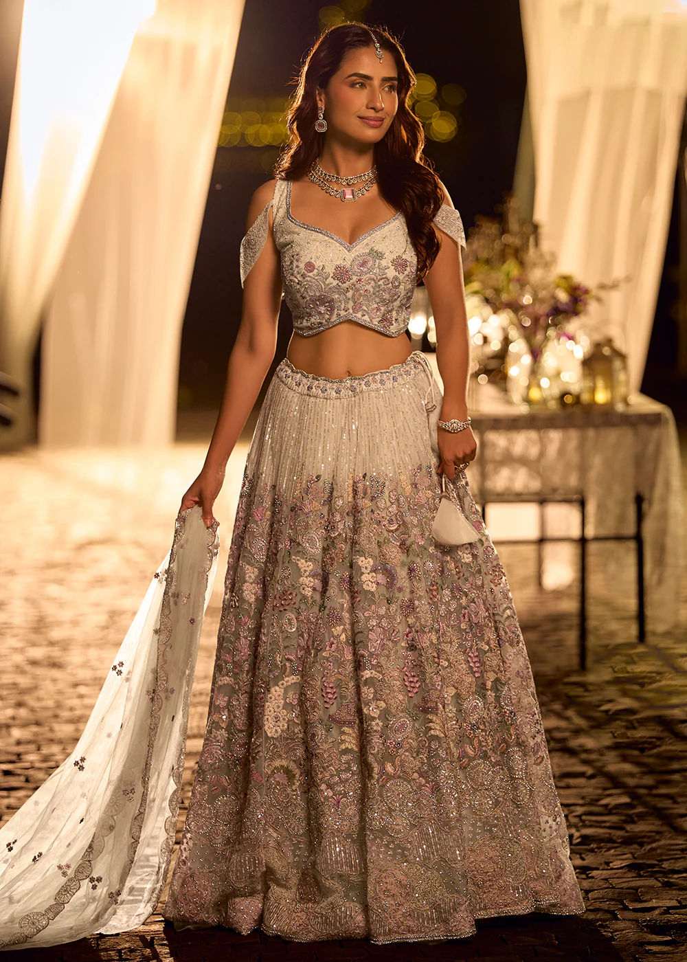 Pastel Sage Green Net Reception Wear Lehenga Choli
