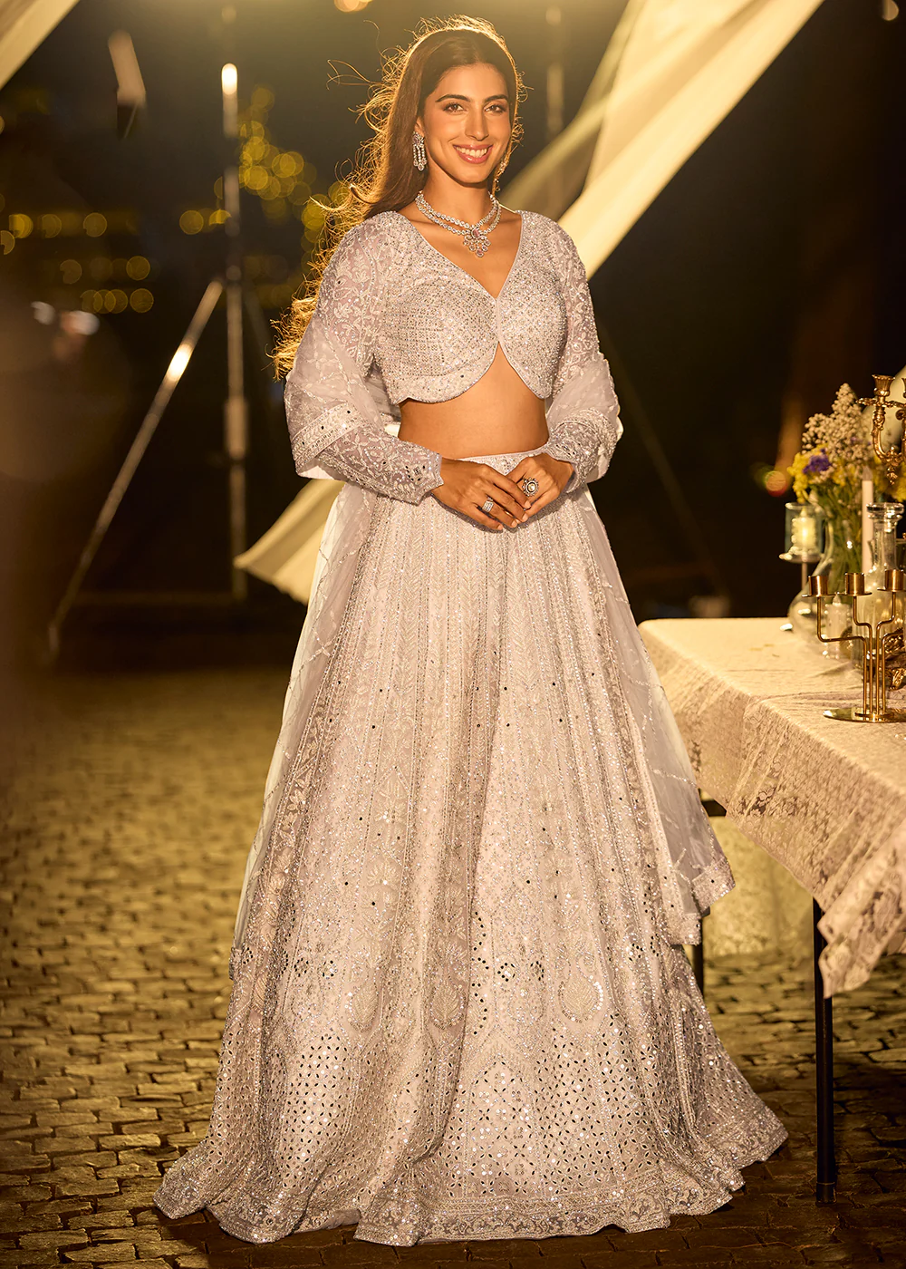 Pastel Silver Net Reception Wear Lehenga Choli