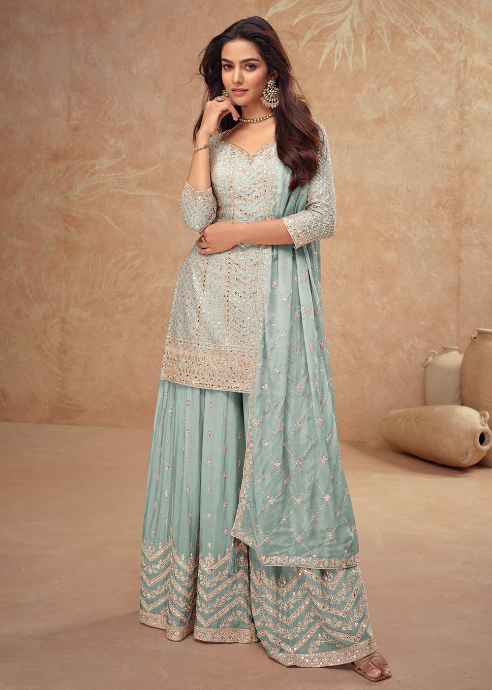 Pastel Style Blue Embroidered Palazzo Dress for Weddings