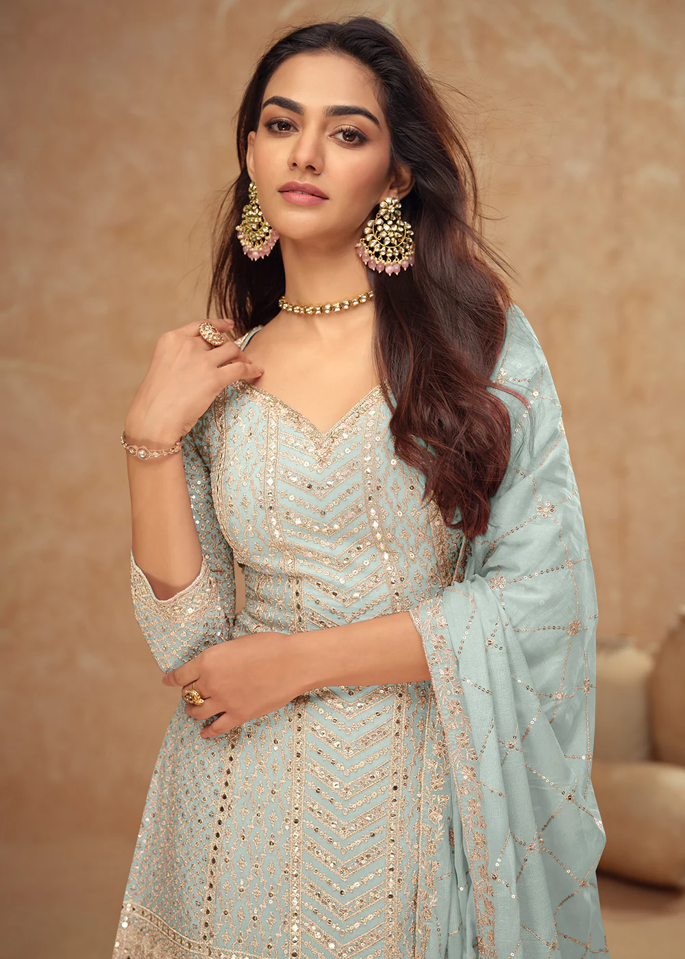Pastel Style Blue Embroidered Palazzo Dress for Weddings - Image 2