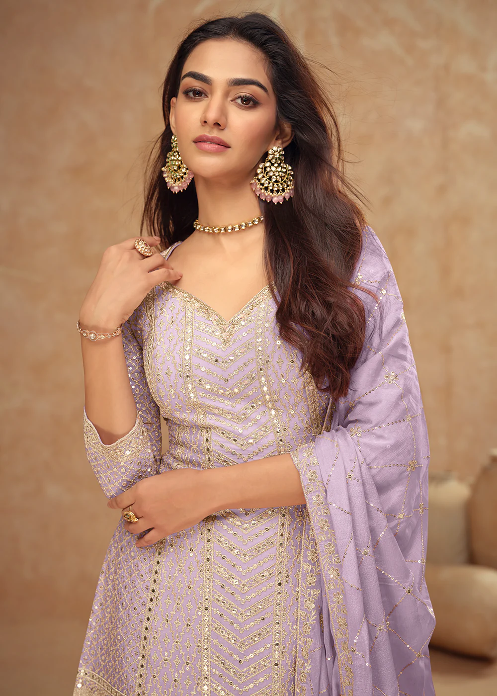 Pastel Style Lavender Embroidered Palazzo Dress for Weddings - Image 2