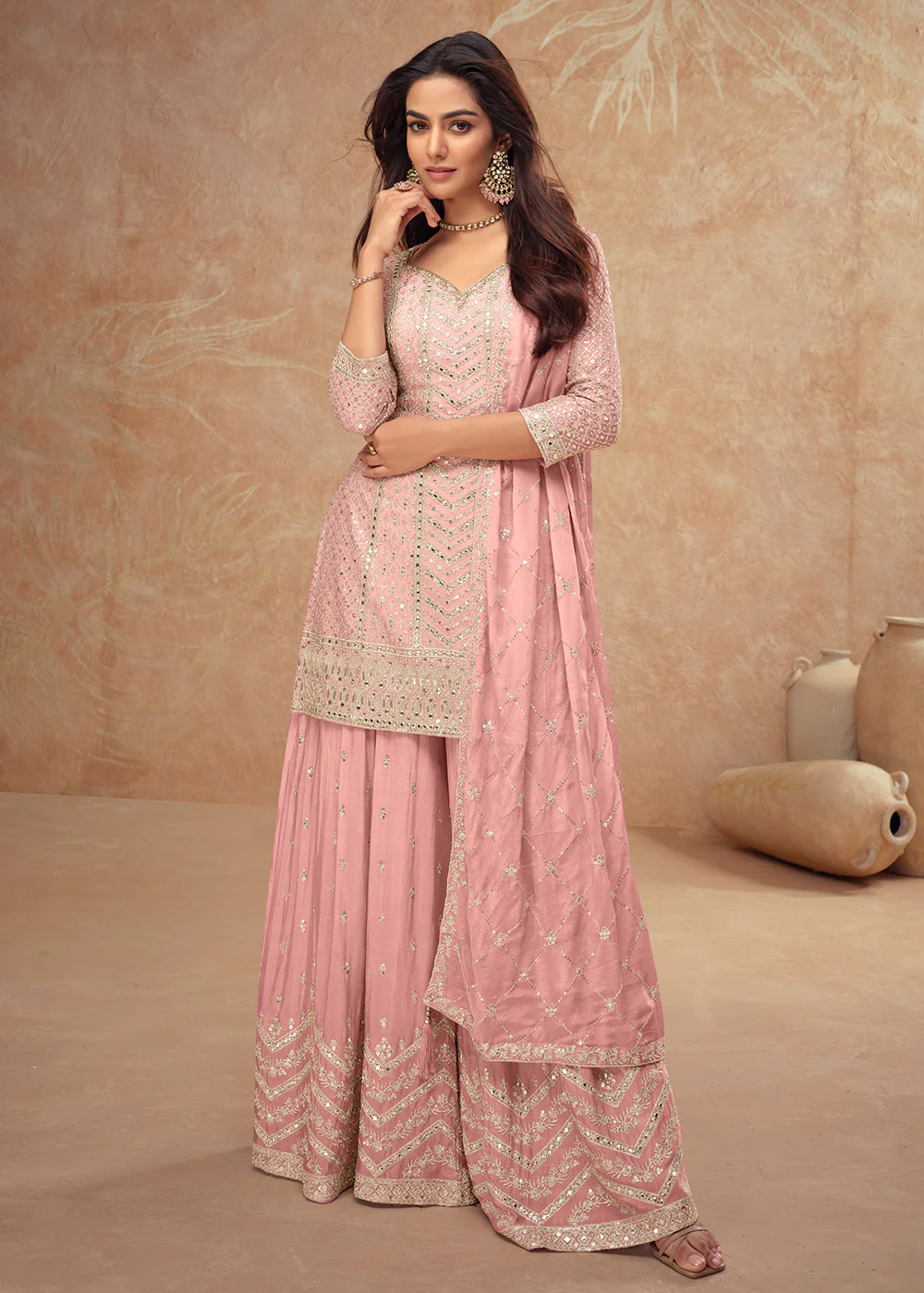 Pastel Style Pink Embroidered Palazzo Dress for Weddings