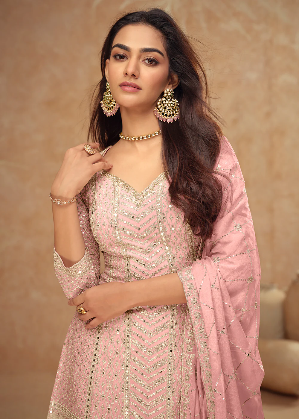 Pastel Style Pink Embroidered Palazzo Dress for Weddings - Image 2