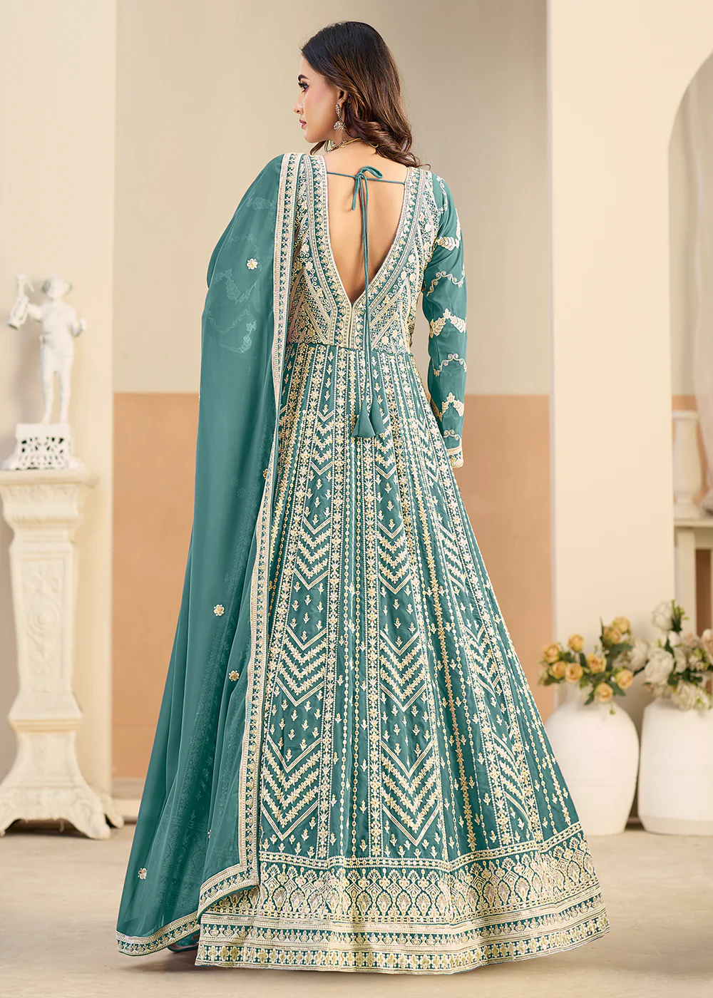 Pastel Teal Lucknowi Embroidered Georgette Anarkali Suit - Image 3