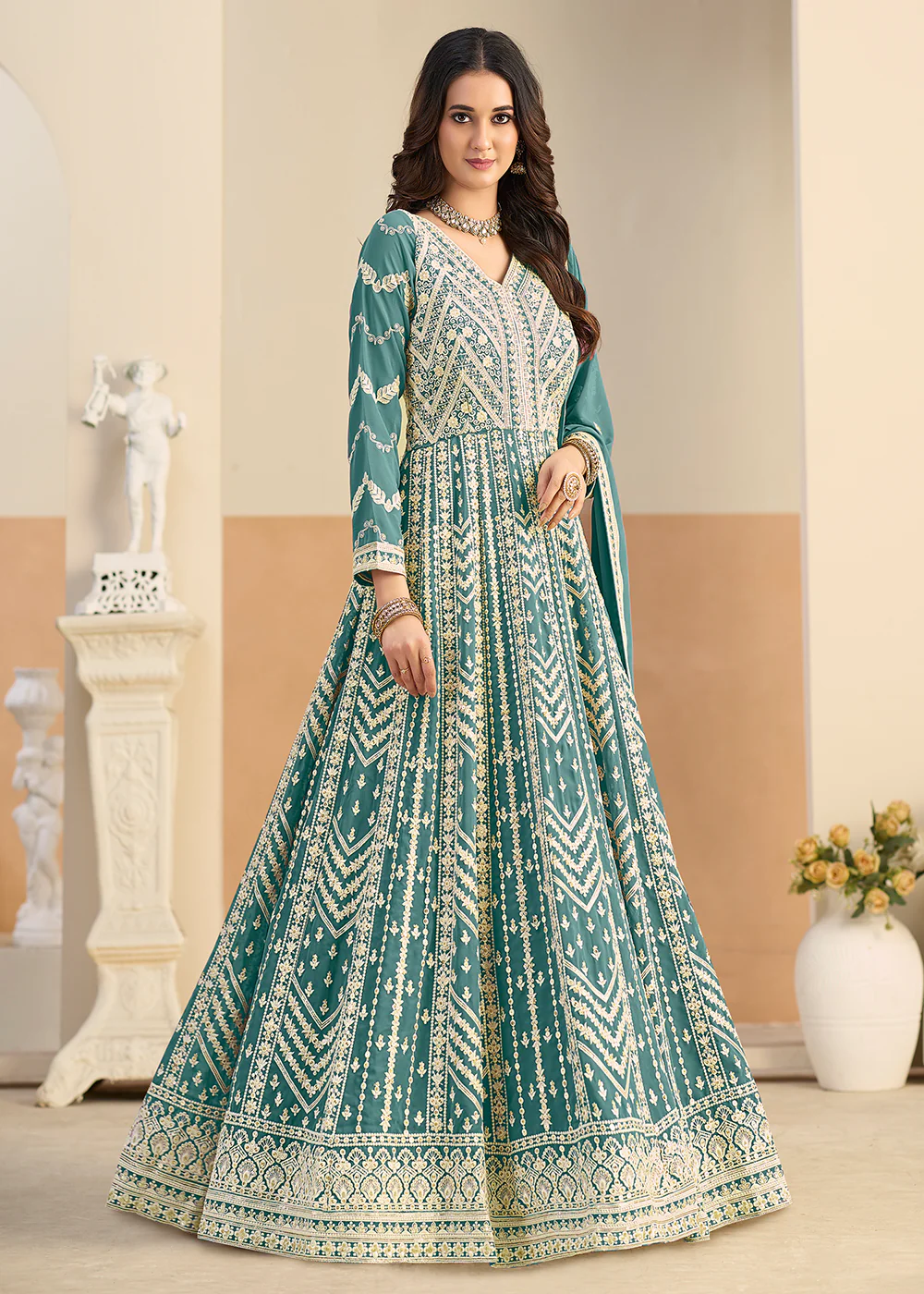 Pastel Teal Lucknowi Embroidered Georgette Anarkali Suit - Image 4