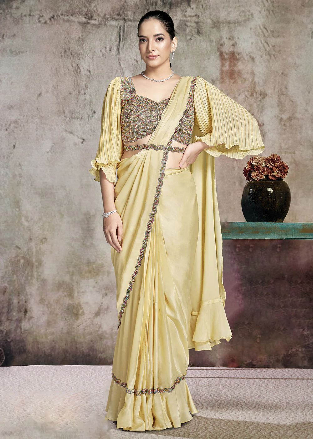 Pastel Yellow Designer Party Wear Pre Draped Saree