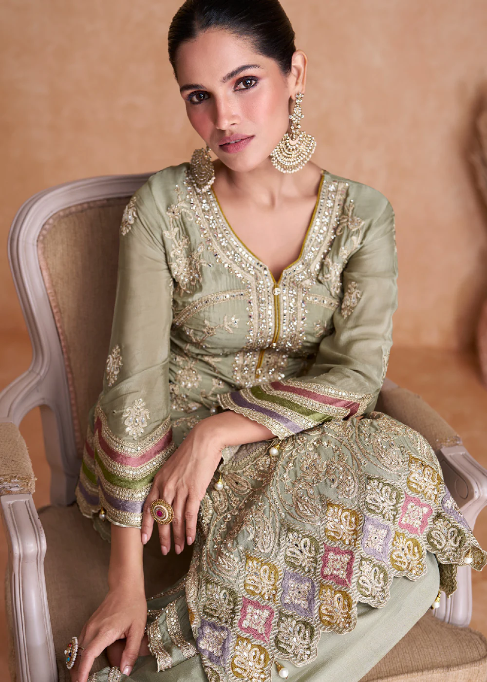 Pastel Green Chinnon Fabric Embroidered Designer Salwar Suit - Image 2
