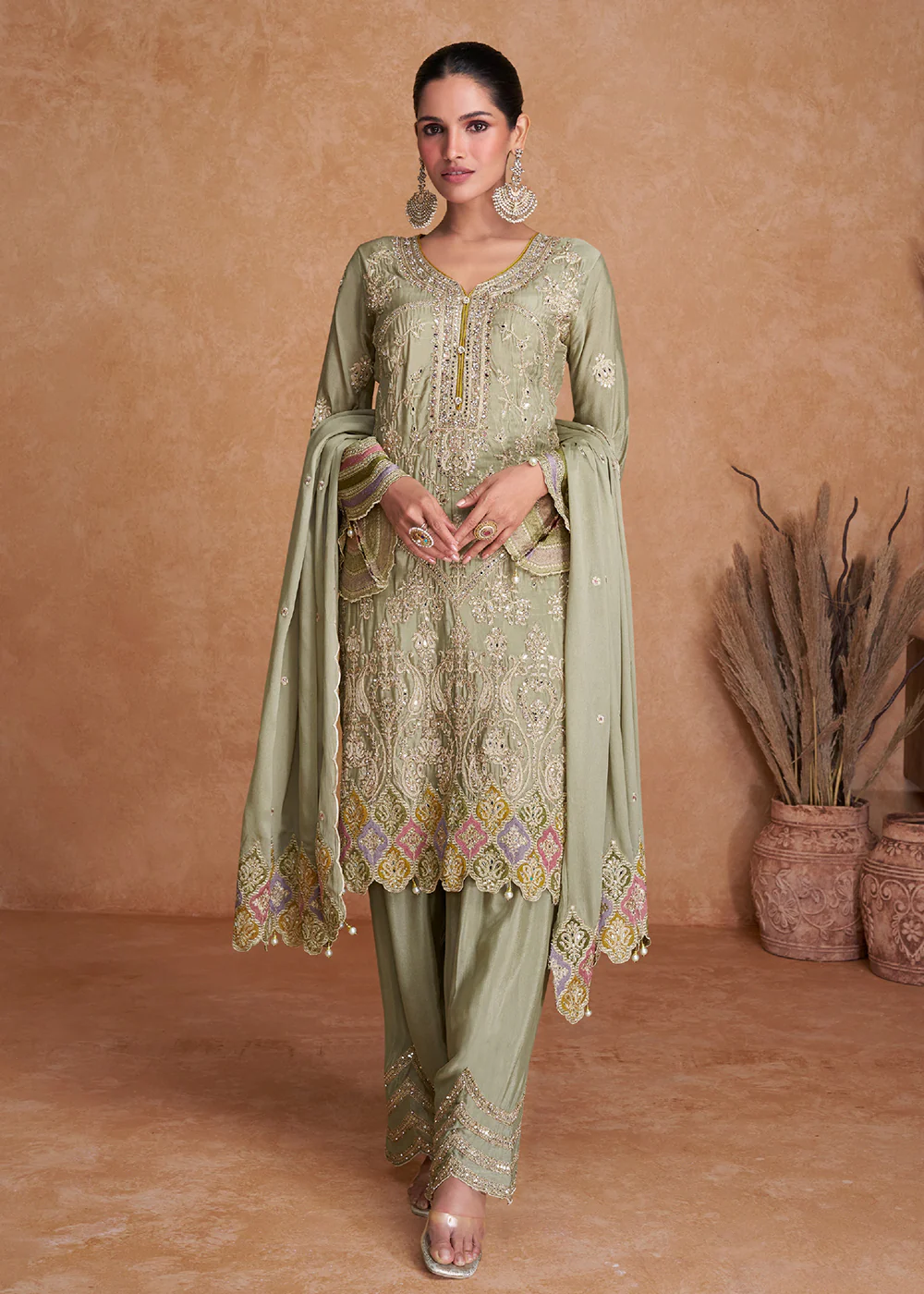 Pastel Green Chinnon Fabric Embroidered Designer Salwar Suit - Image 3