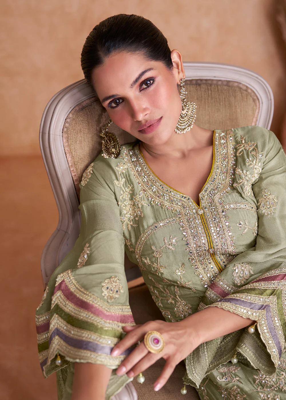 Pastel Green Chinnon Fabric Embroidered Designer Salwar Suit - Image 4