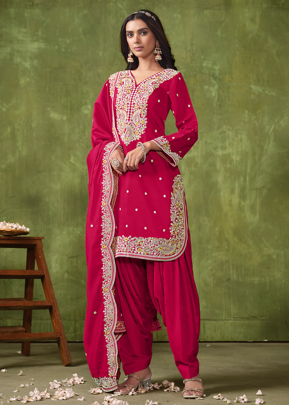 Patiala Style Rani Pink Chanderi Silk Punjabi Salwar Suit - Image 3