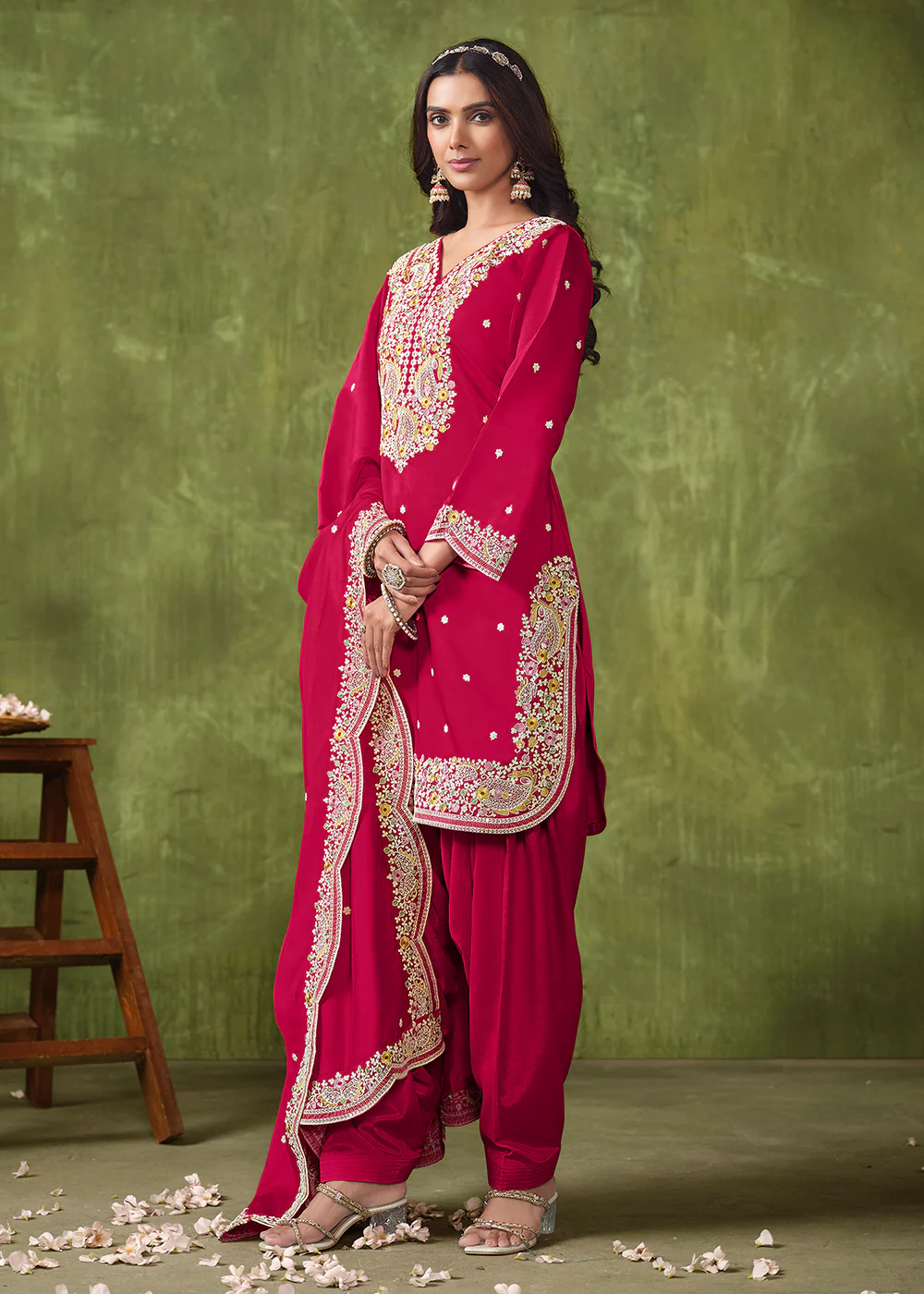 Patiala Style Rani Pink Chanderi Silk Punjabi Salwar Suit - Image 4
