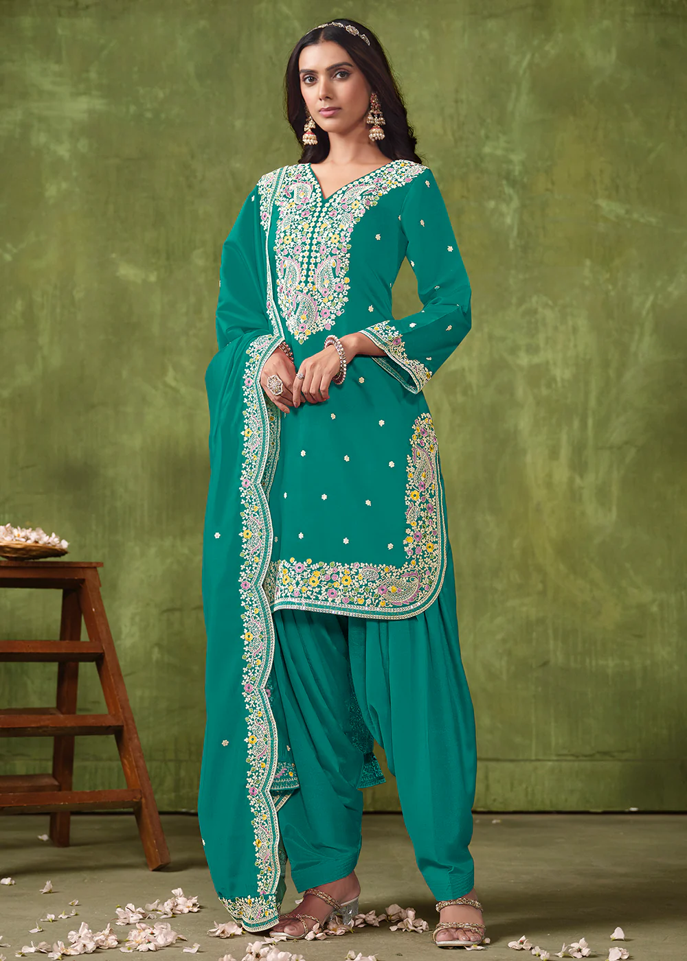 Patiala Style Turquoise Chanderi Silk Punjabi Salwar Suit - Image 3