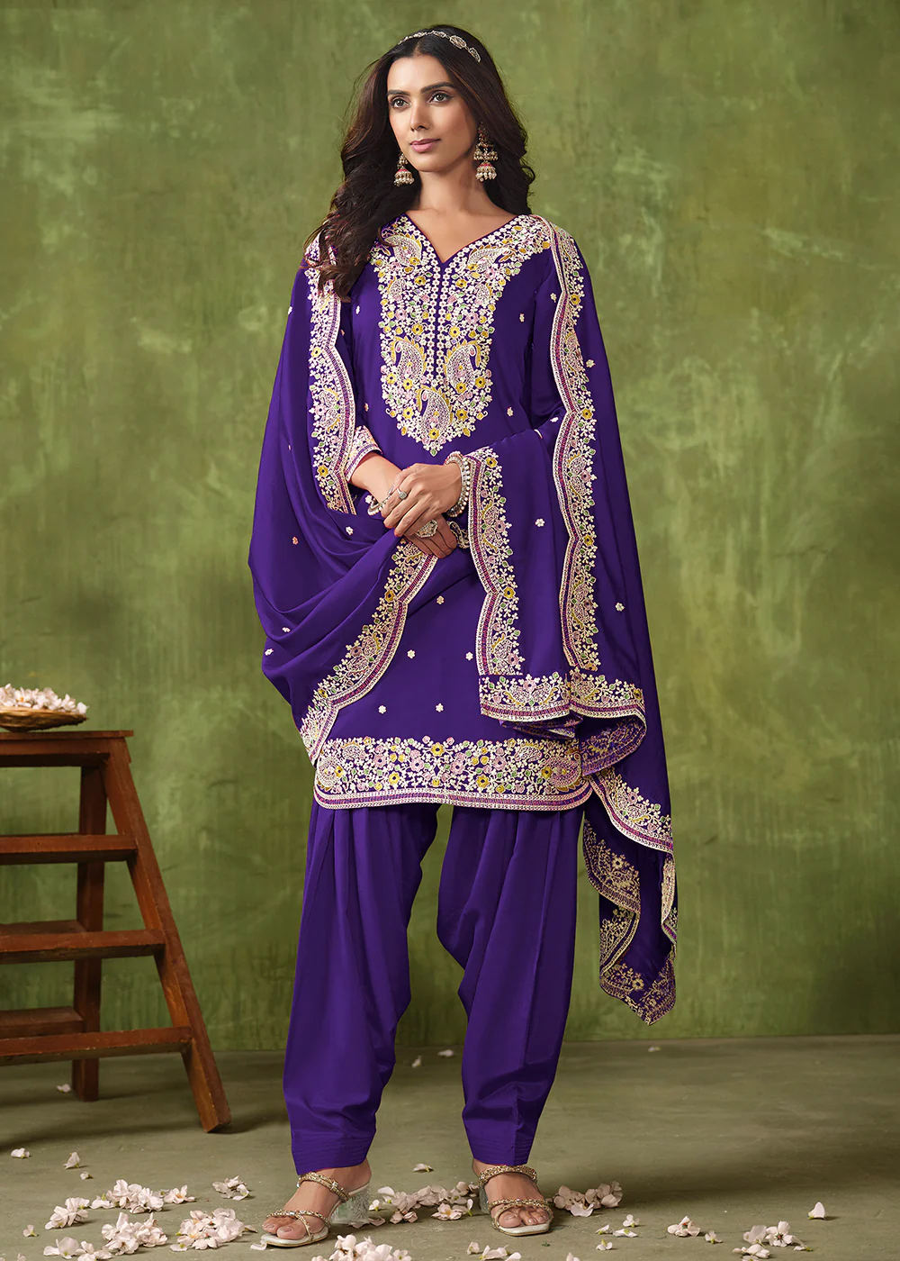 Patiala Style Violet Chanderi Silk Punjabi Salwar Suit