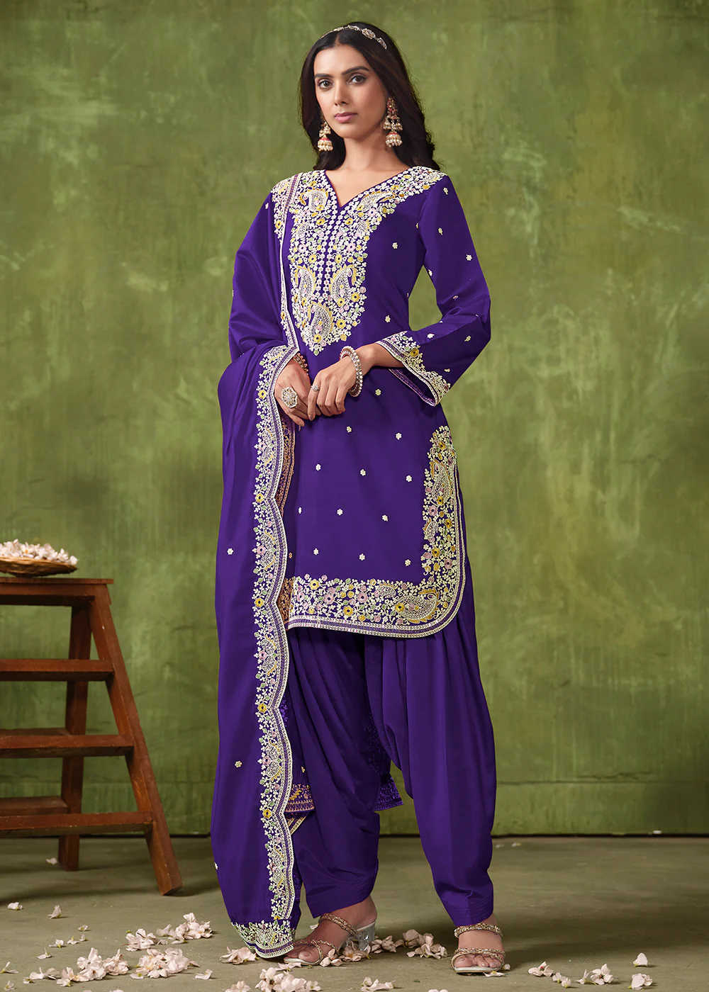 Patiala Style Violet Chanderi Silk Punjabi Salwar Suit - Image 3