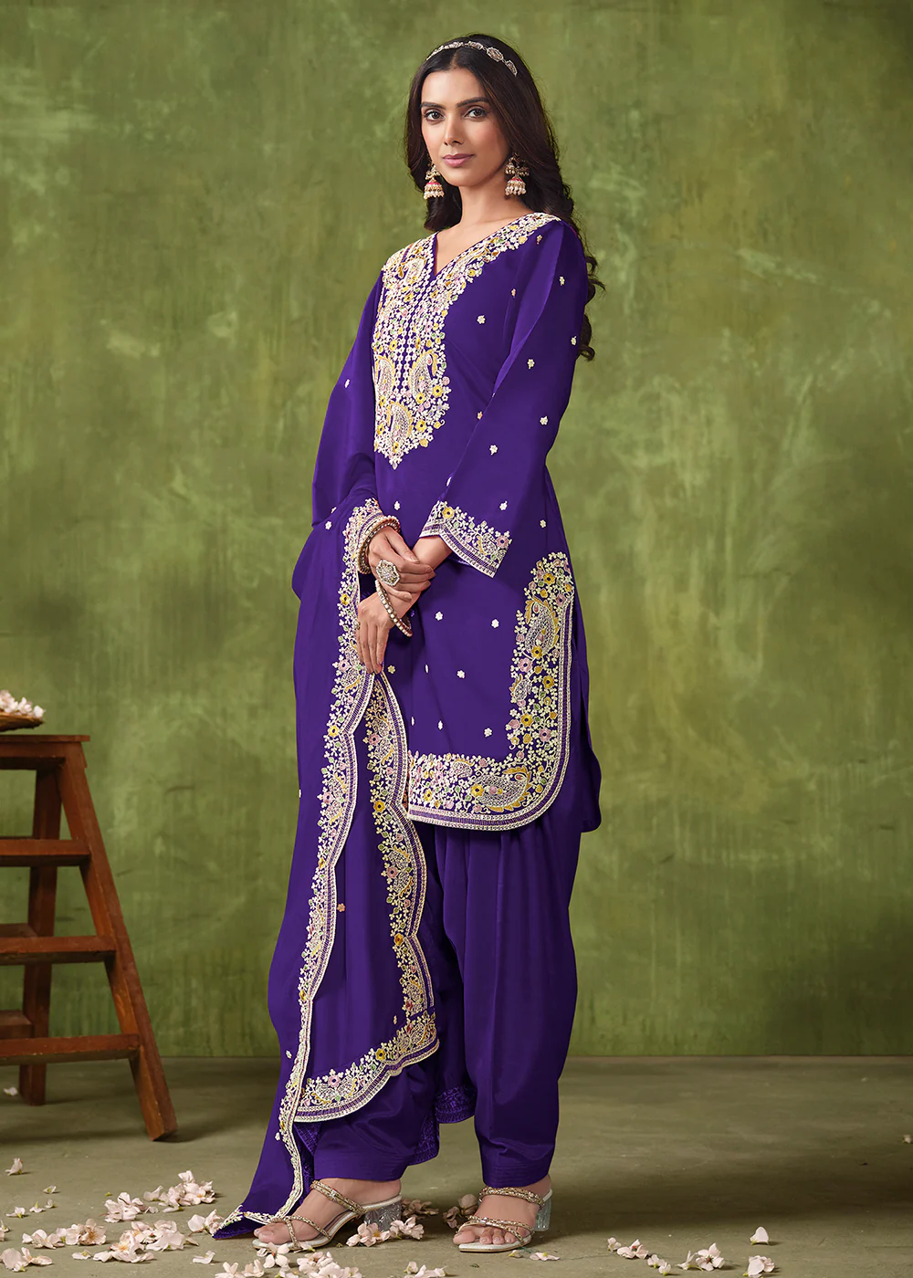 Patiala Style Violet Chanderi Silk Punjabi Salwar Suit - Image 4