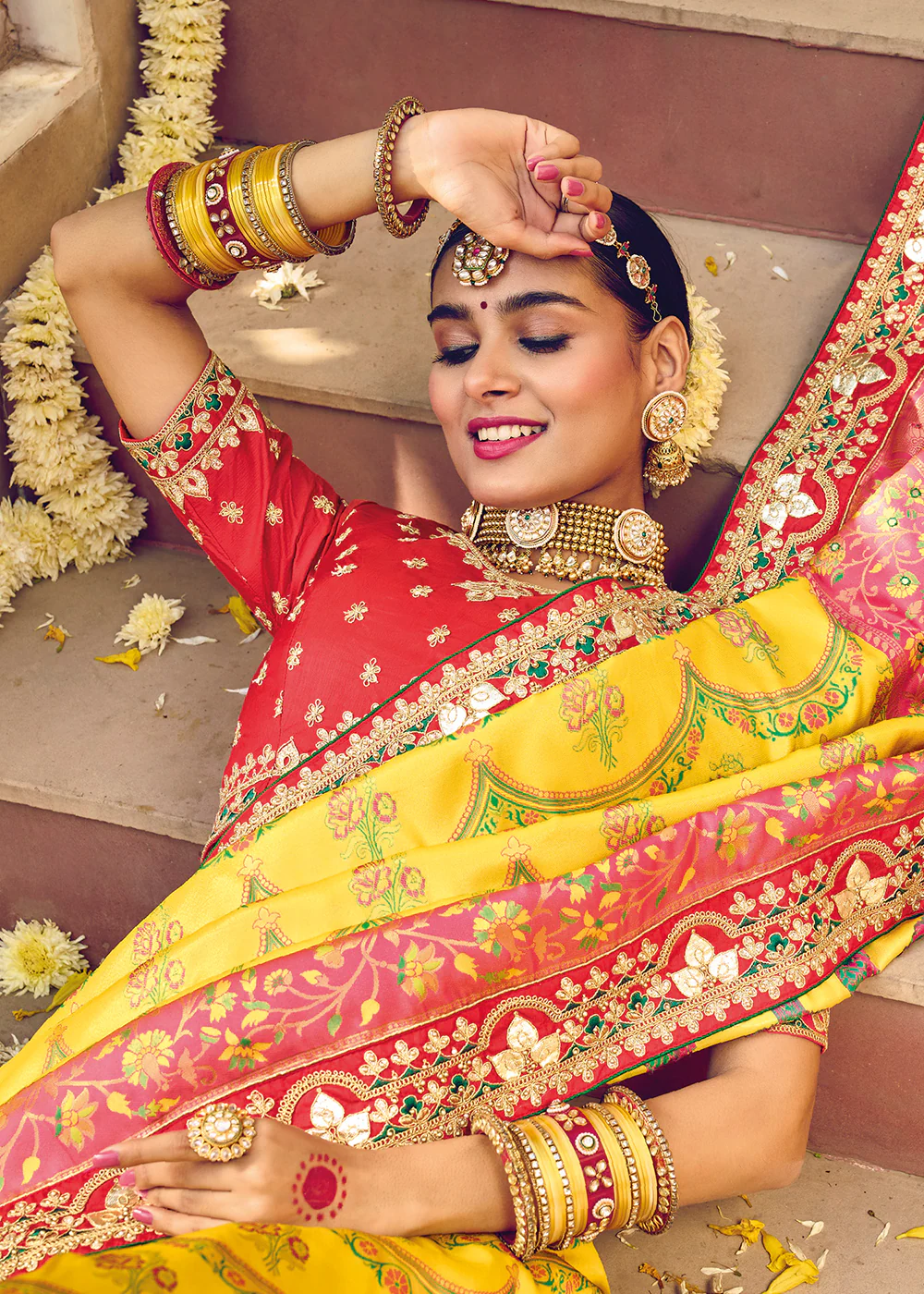 Patna Patola Pure Silk Yellow & Red Wedding Traditional Saree - Image 2