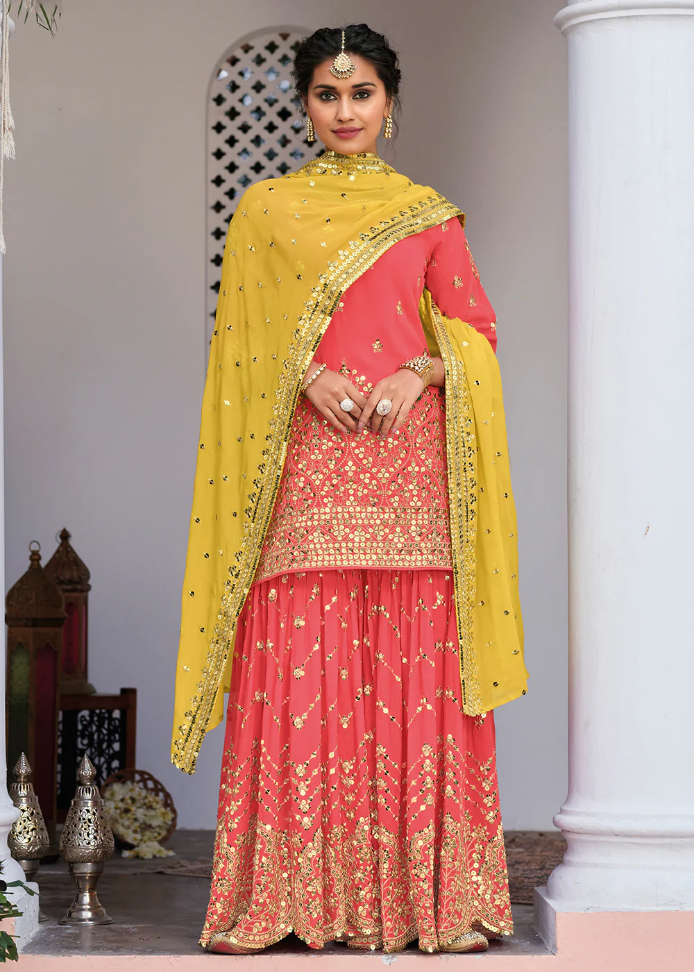 Peach and Gold Embroidered Designer Sharara Suit - Image 3