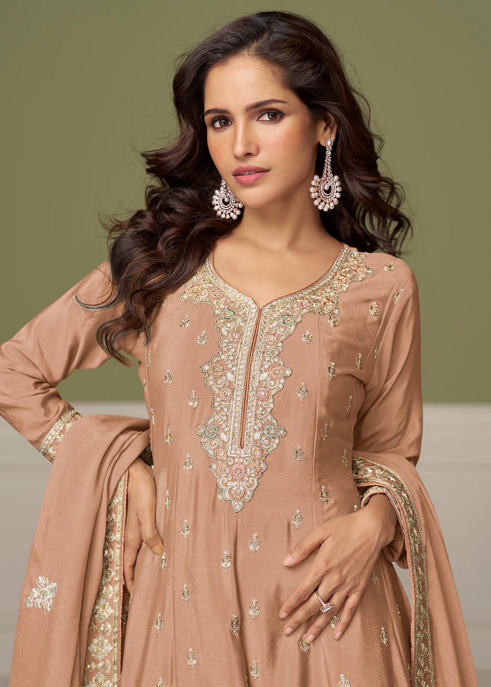 Peach Beautiful Embroidered Festive Palazzo Suit - Image 2