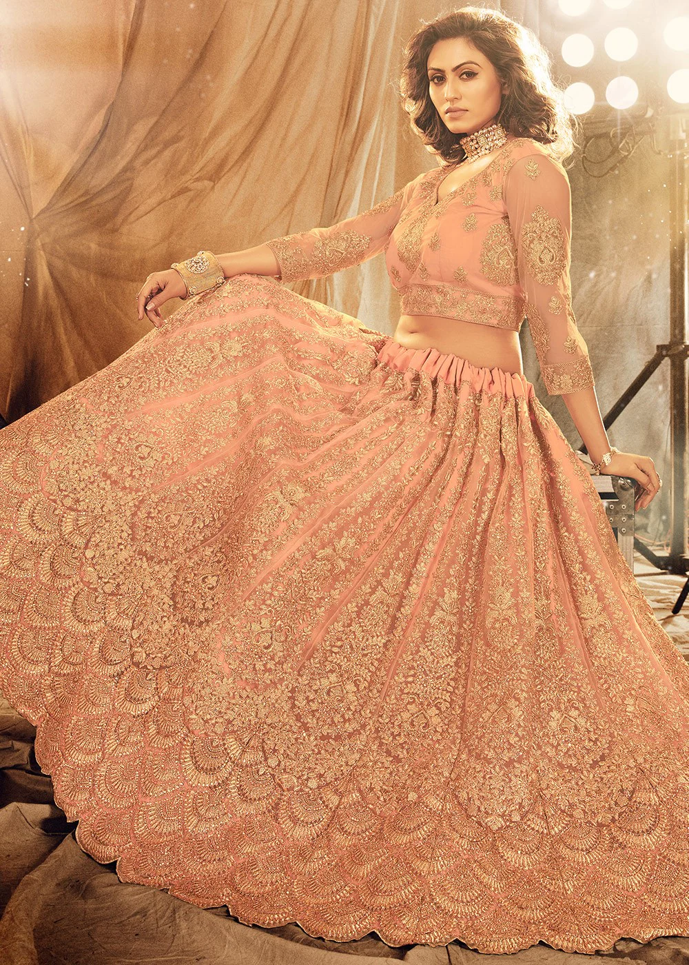Peach Bridal Embroidered Net Lehenga Choli - Image 4