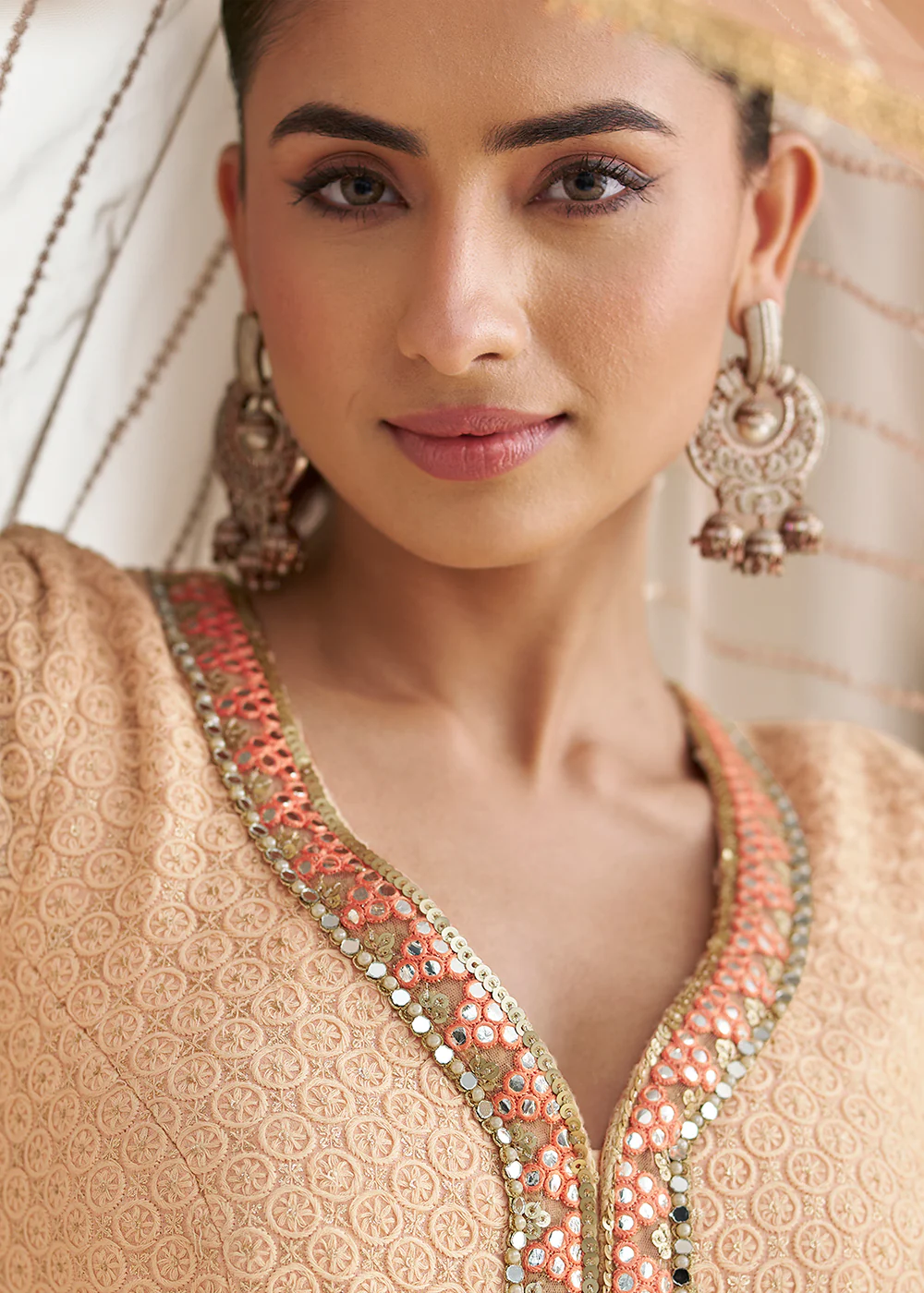 Peach Chikankari Embroidered Wedding Festive Anarkali Gown - Image 3