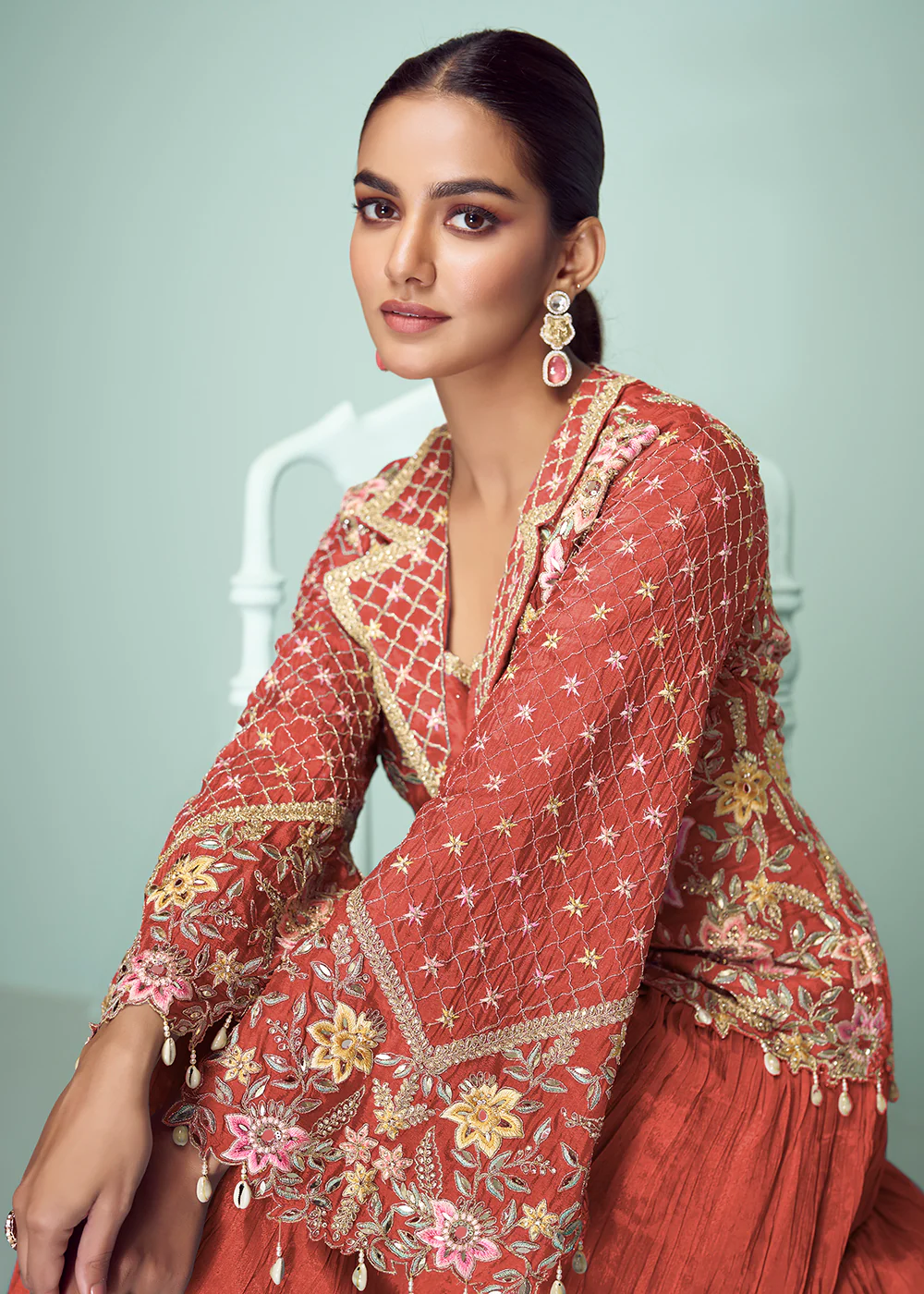 Peach Chinnon Embroidered Lehenga Skirt Style Suit - Image 2