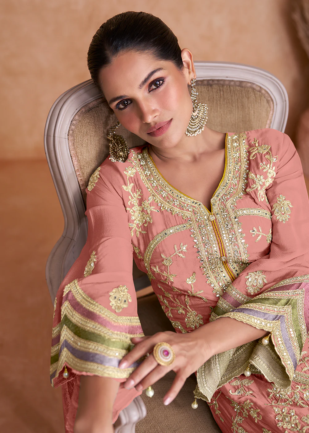 Peach Chinnon Fabric Embroidered Designer Salwar Suit - Image 2
