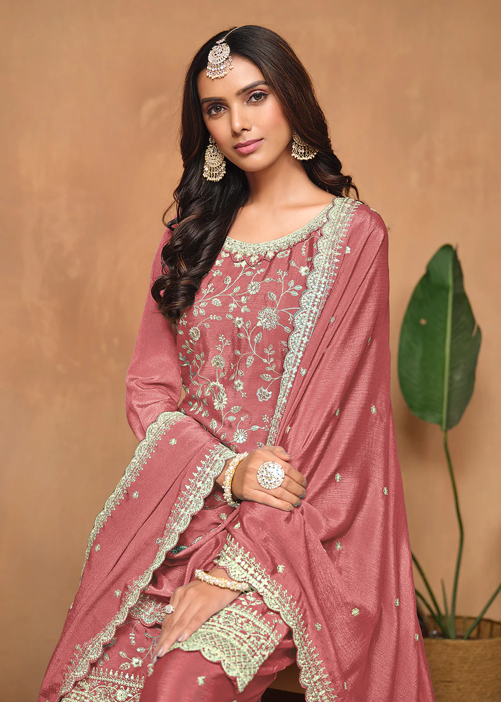 Peach Chinnon Resham & Sequins Embroidered Palazzo Suit - Image 2