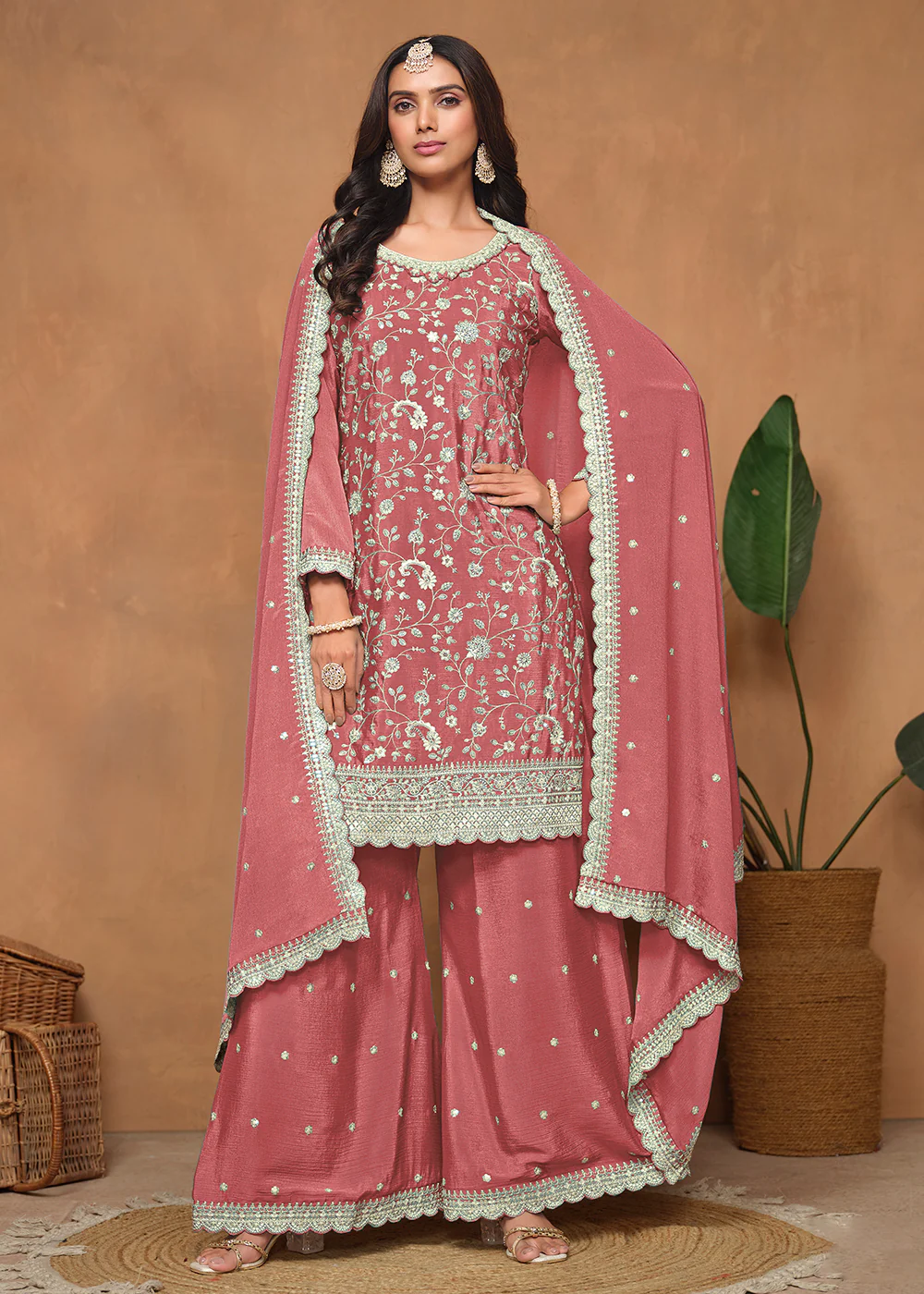 Peach Chinnon Resham & Sequins Embroidered Palazzo Suit - Image 3