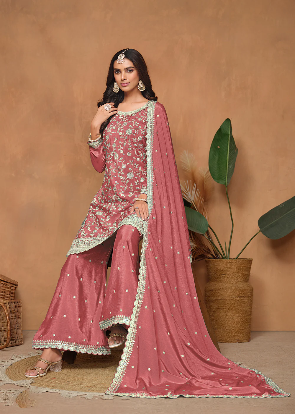 Peach Chinnon Resham & Sequins Embroidered Palazzo Suit - Image 4