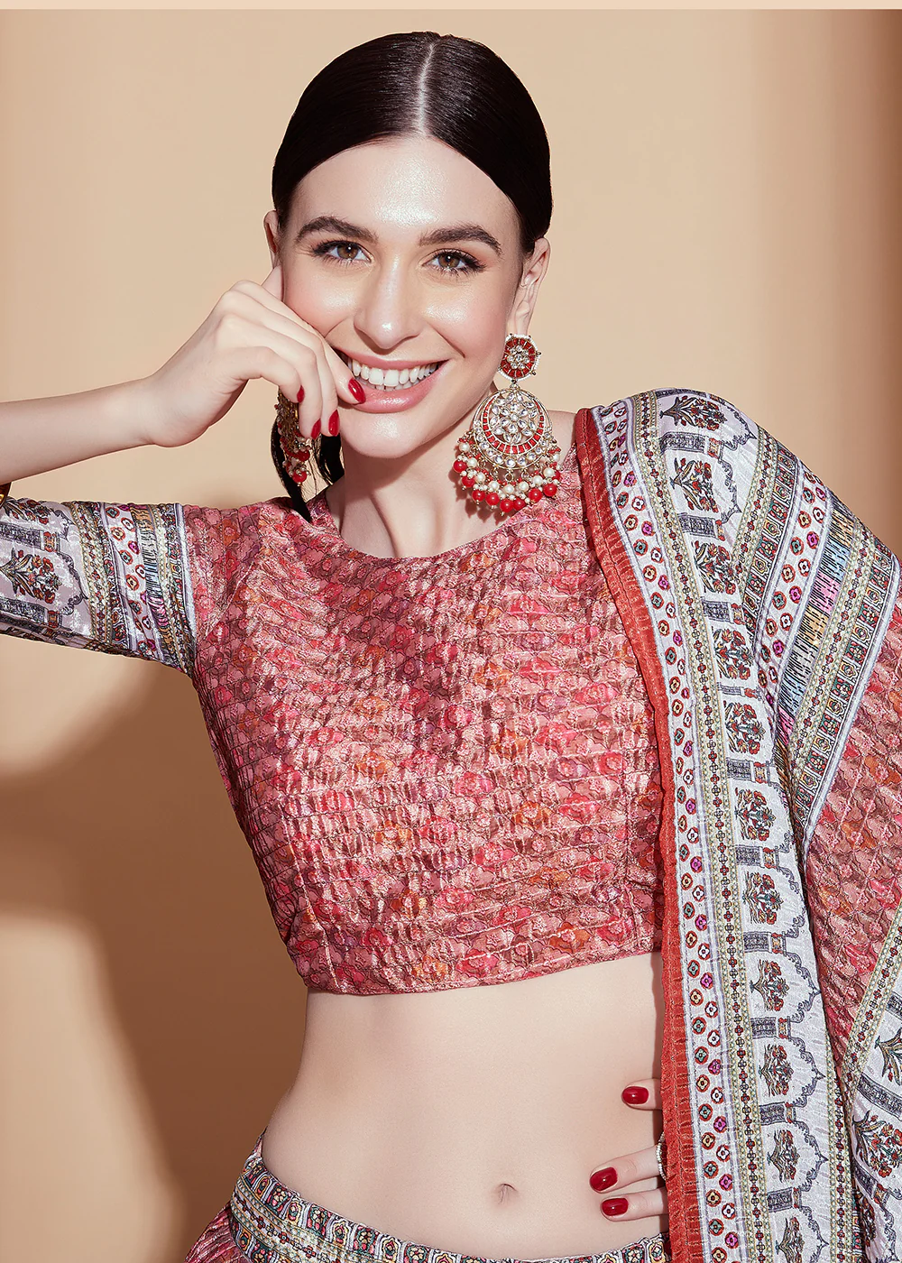 Peach Crochet & Digital Embroidered Festive Lehenga Choli - Image 2