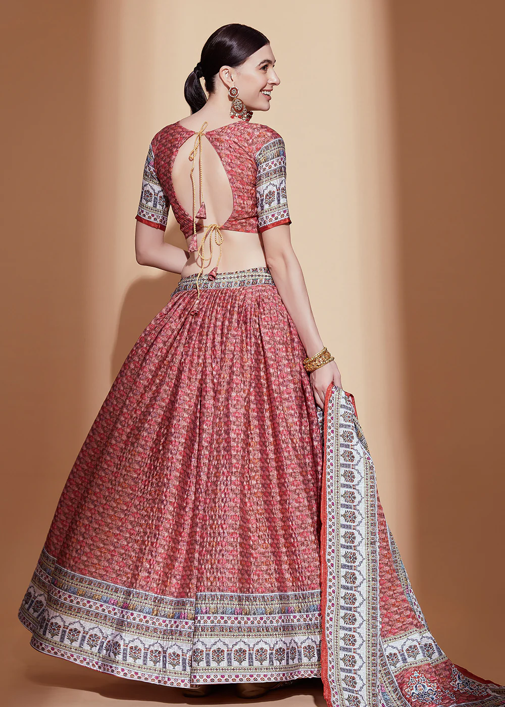 Peach Crochet & Digital Embroidered Festive Lehenga Choli - Image 3