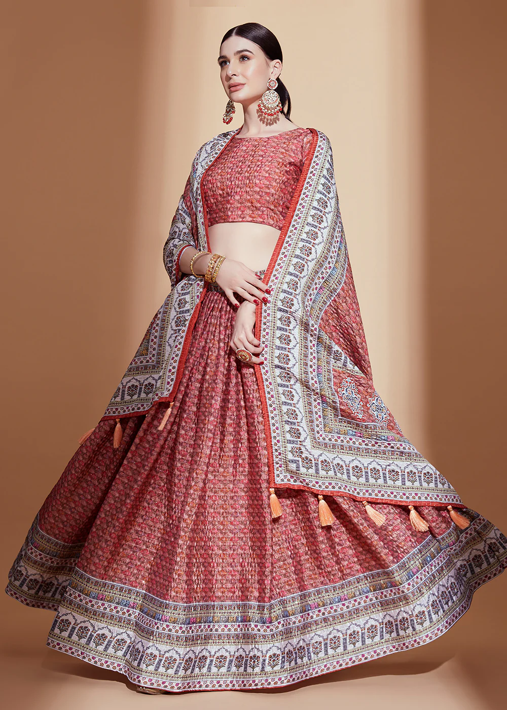 Peach Crochet & Digital Embroidered Festive Lehenga Choli - Image 4