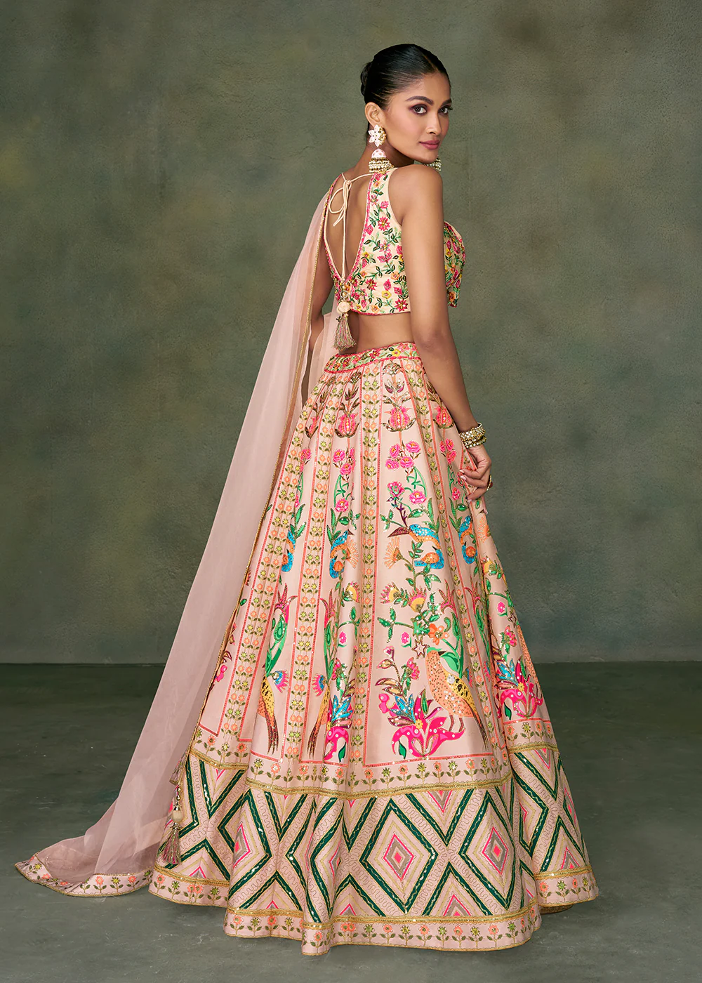 Peach Crop Top Style Taffeta Silk Wedding Lehenga Choli - Image 3