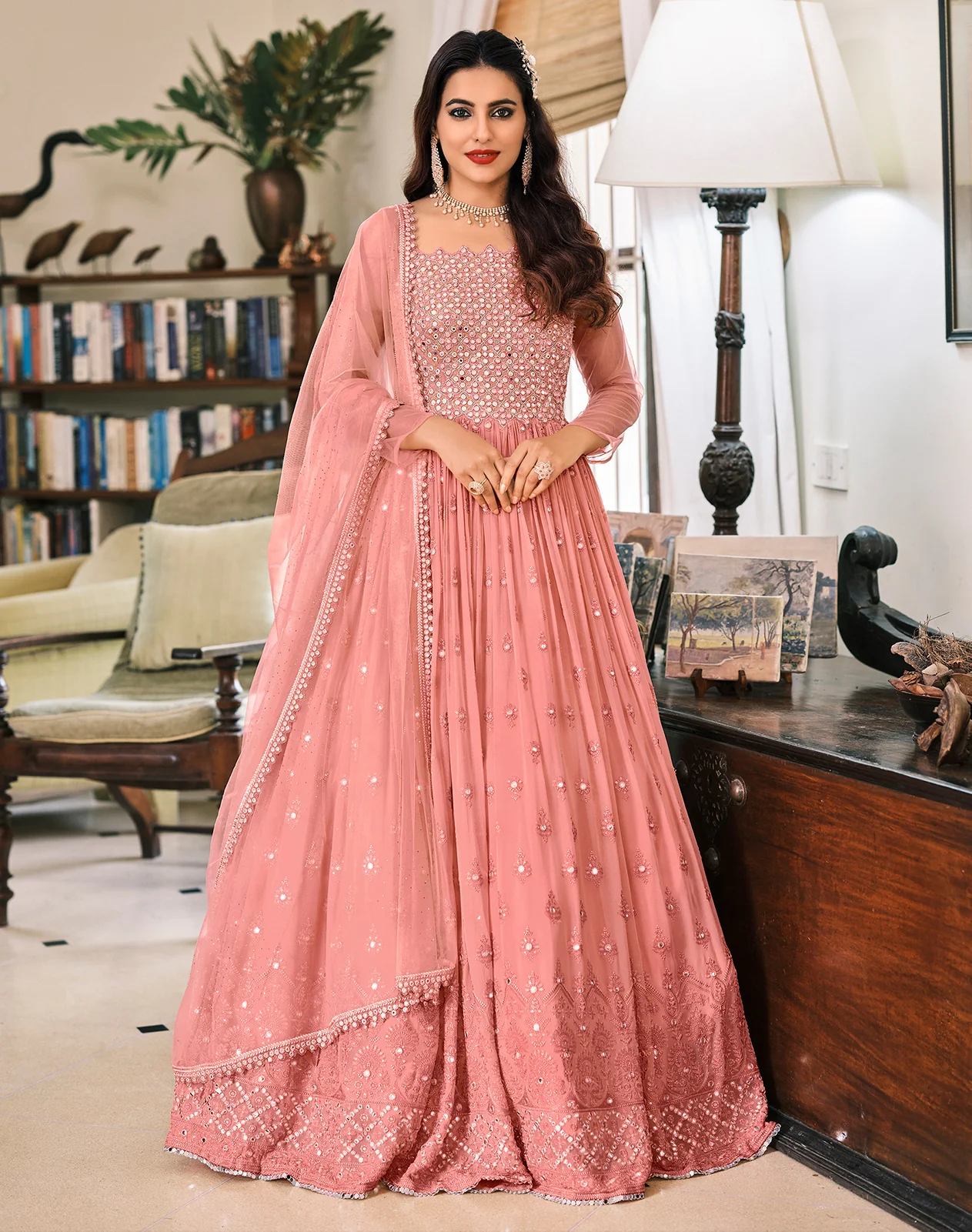 Peach Designer Mirror Embellished Georgette Anarkali Suit