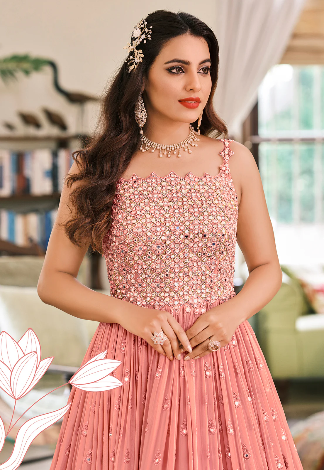 Peach Designer Mirror Embellished Georgette Anarkali Suit - Image 3